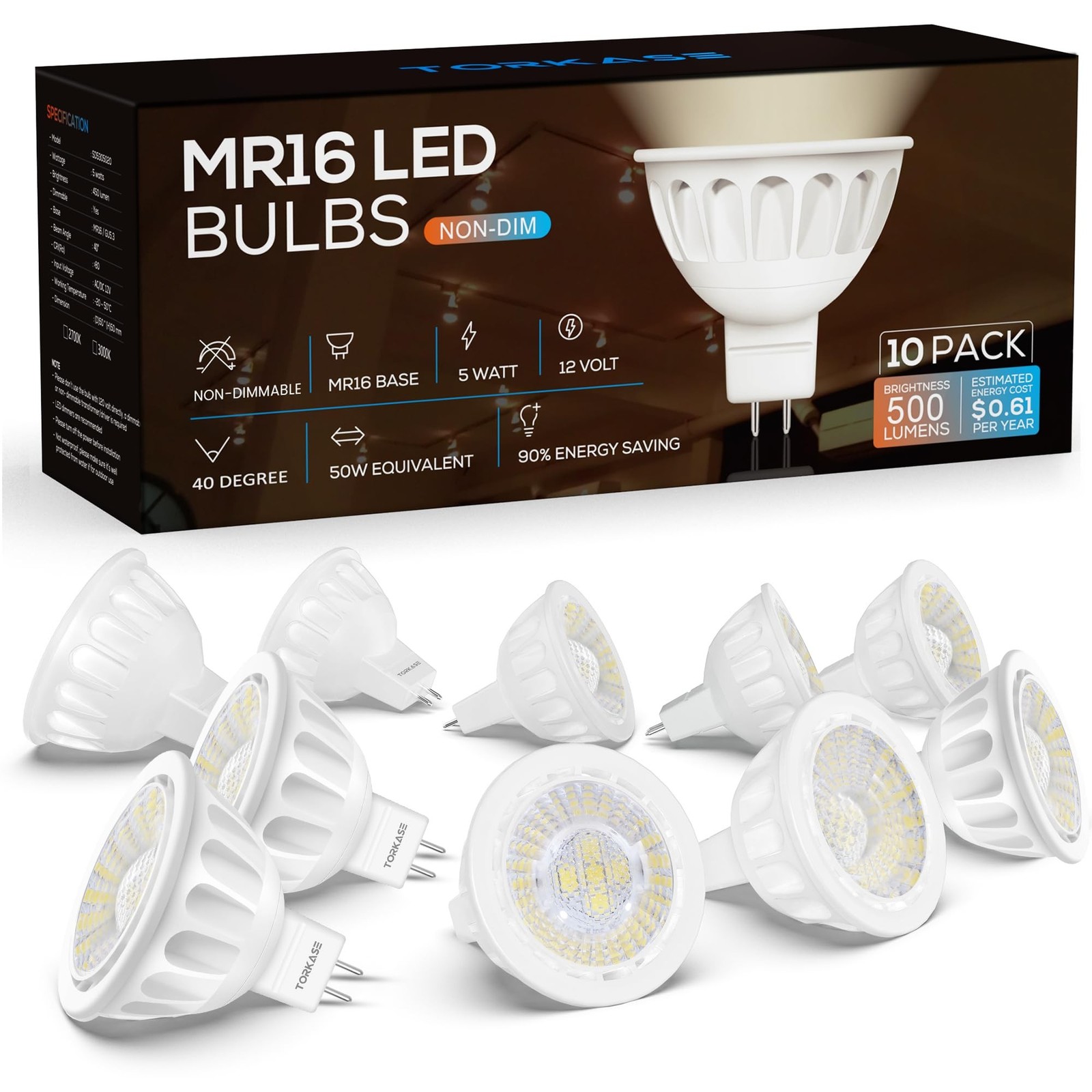 Torkase MR16 LED Bulbs,2700K Warm White,5W,50W Halogen Replacement Landscape ...