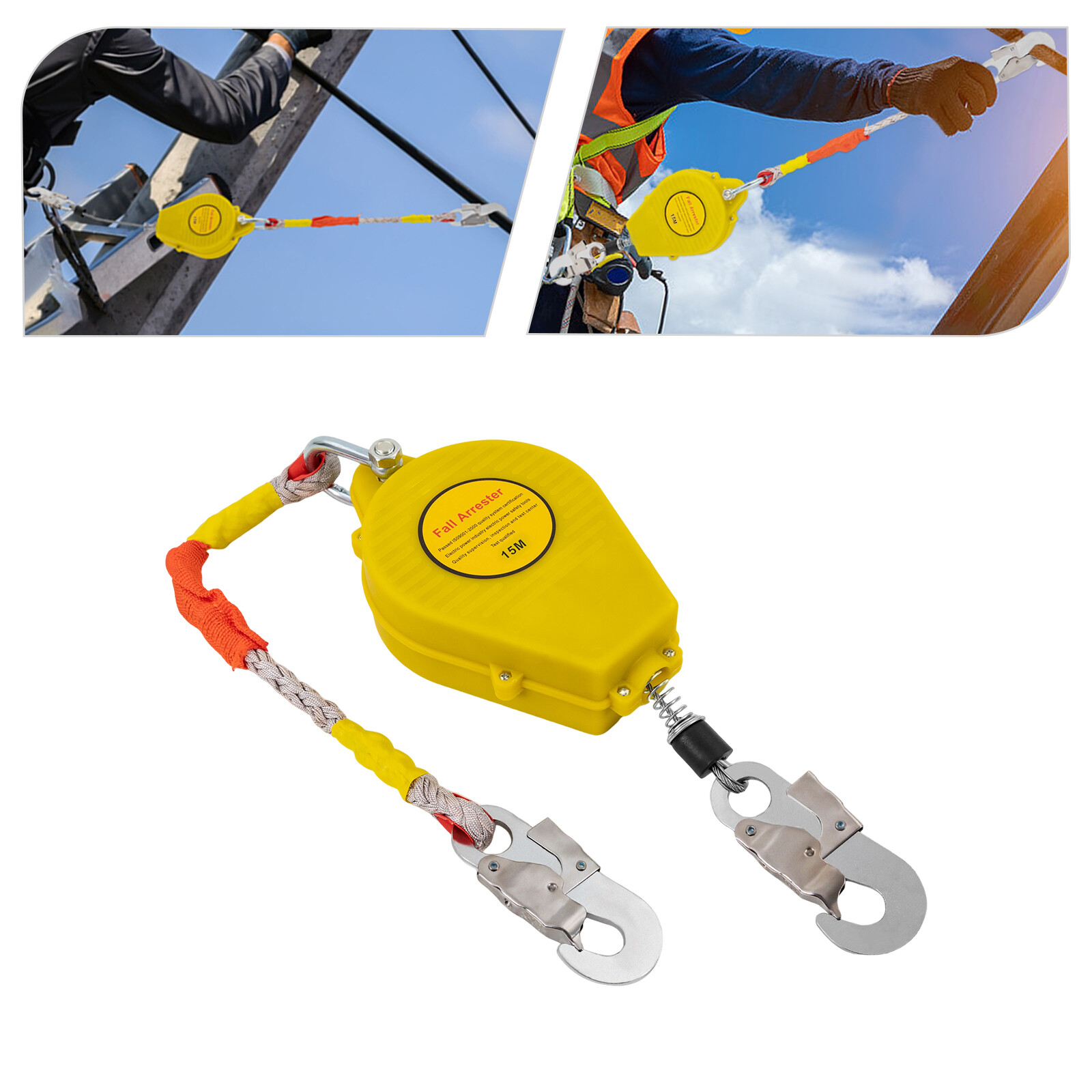 15m Self-Retracting Fall Arrester 150kg Capacity Double Locking Hook Yellow