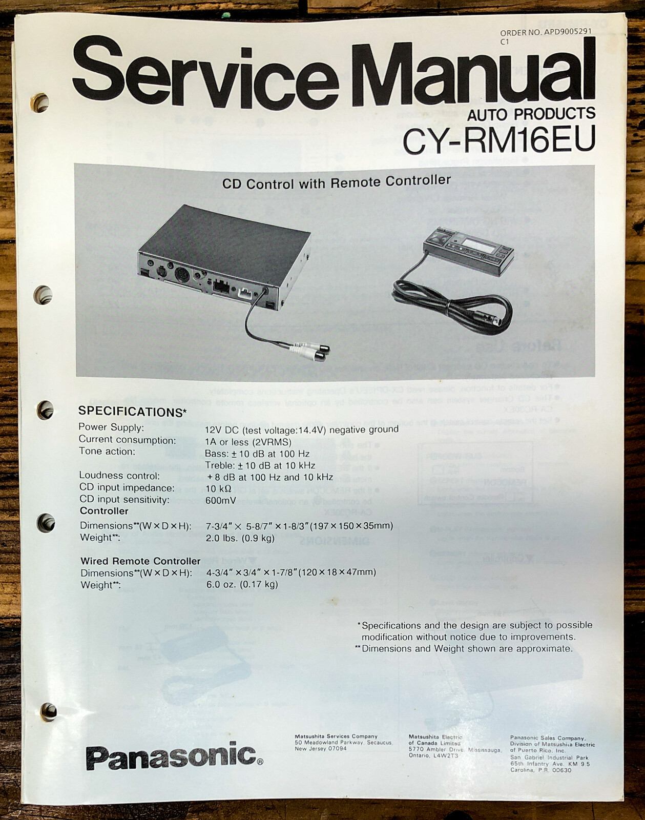 Panasonic CY-RM16EU Remote Control  Service Manual *Original*