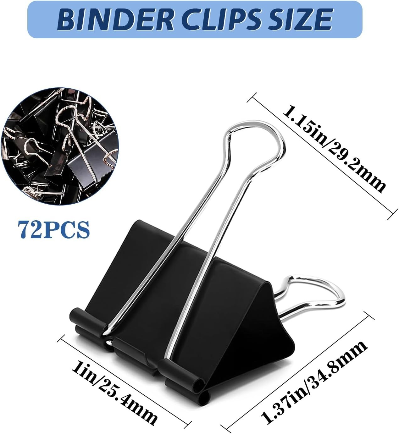 Medium Binder Clips, 1 Inch, 72 Pack, Black Paper Clips, Office Clips