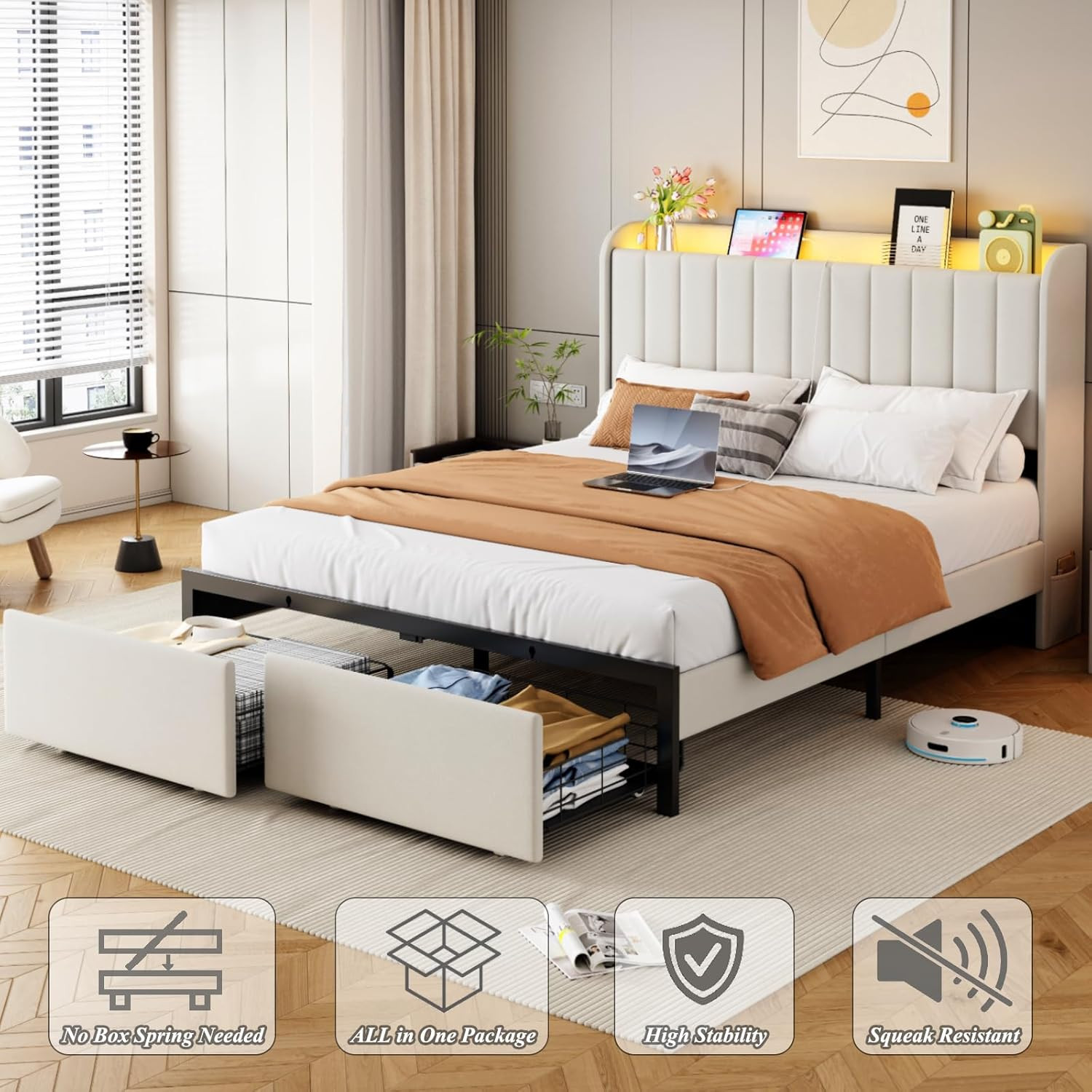 Full Size Bed Frames with Storage Headboard and 2 Drawers, Upholstered Platform