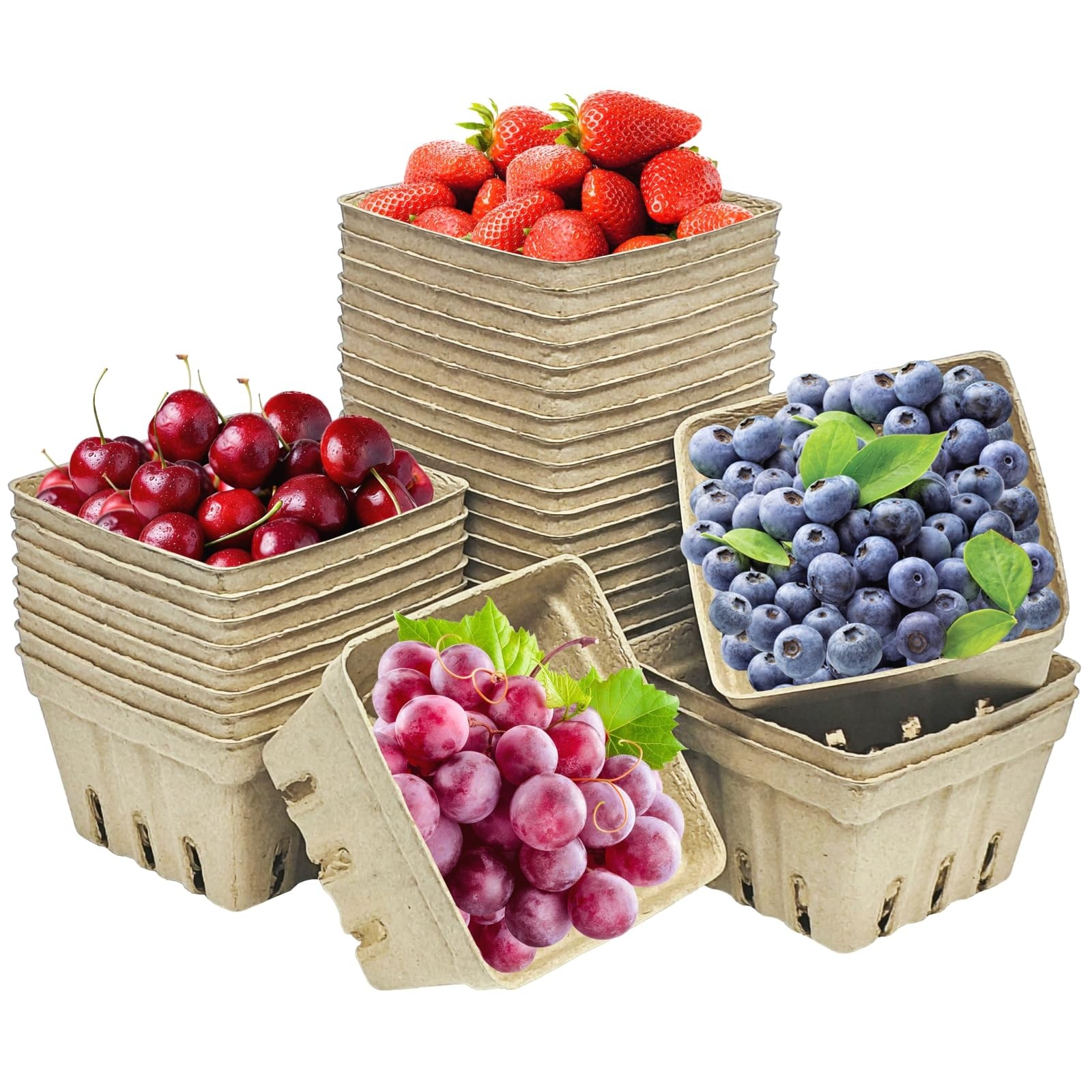 30 Pack Natural Pulp Fiber Baskets, Small Molded Ventilated Strawberry Cardbo...