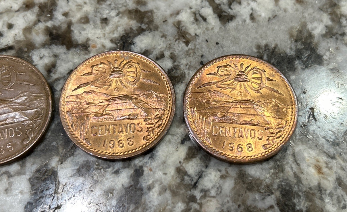 Set Of 5 20 Centavos Mexican Coins (1944, 1960, 1965, And Two 1968), Circulated