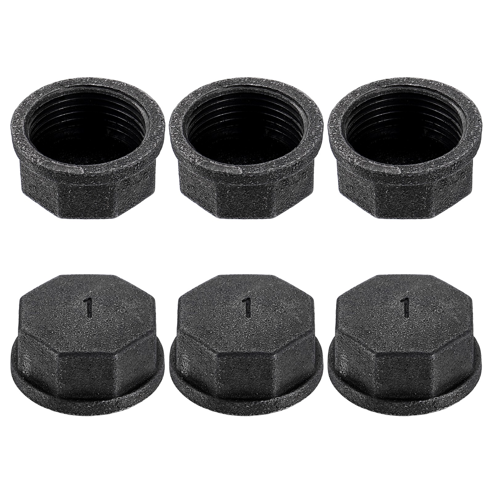 6 Pcs Square Pipe Fitting Caps, 1" Internal Thread Malleable Iron Pipe Caps