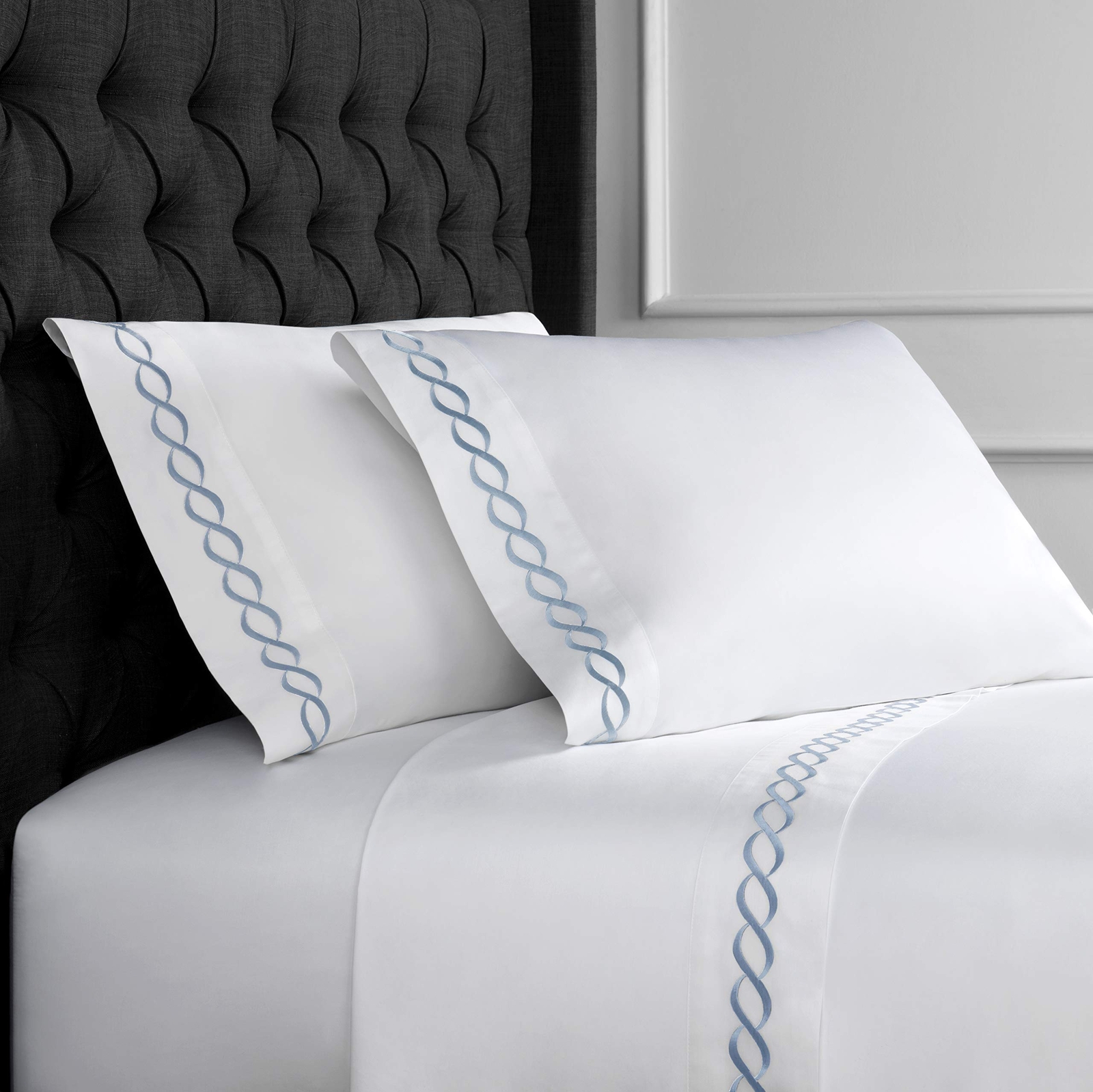 Melange Home Sateen Cotton Rope Embroidery Stripe King Sheet Set Blue on White