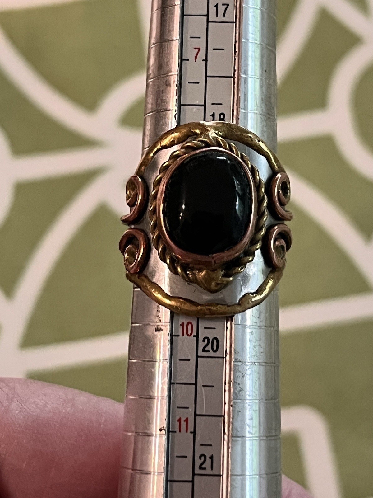 Black Onyx Stone Cuff Ring Adjustable Boho Handcrafted Mixed Metal Ring