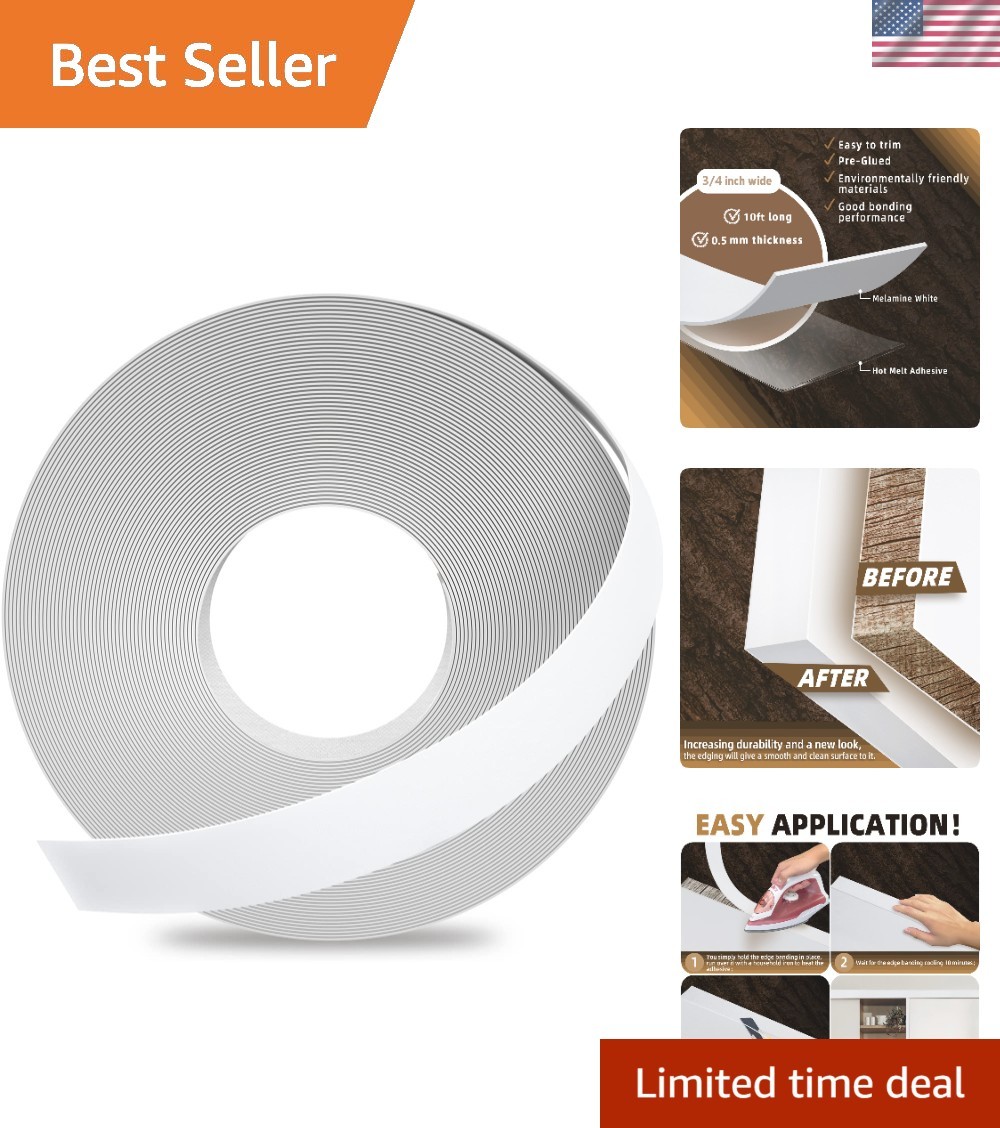 Durable 3/4" x 10ft White Melamine Edge Banding - Easy Application and Repair