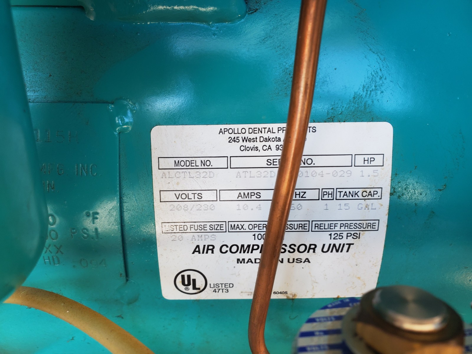 ADP Apollo Dental Air Compressor ALCTL32D Copeland Heads--4 Simultaneous Users