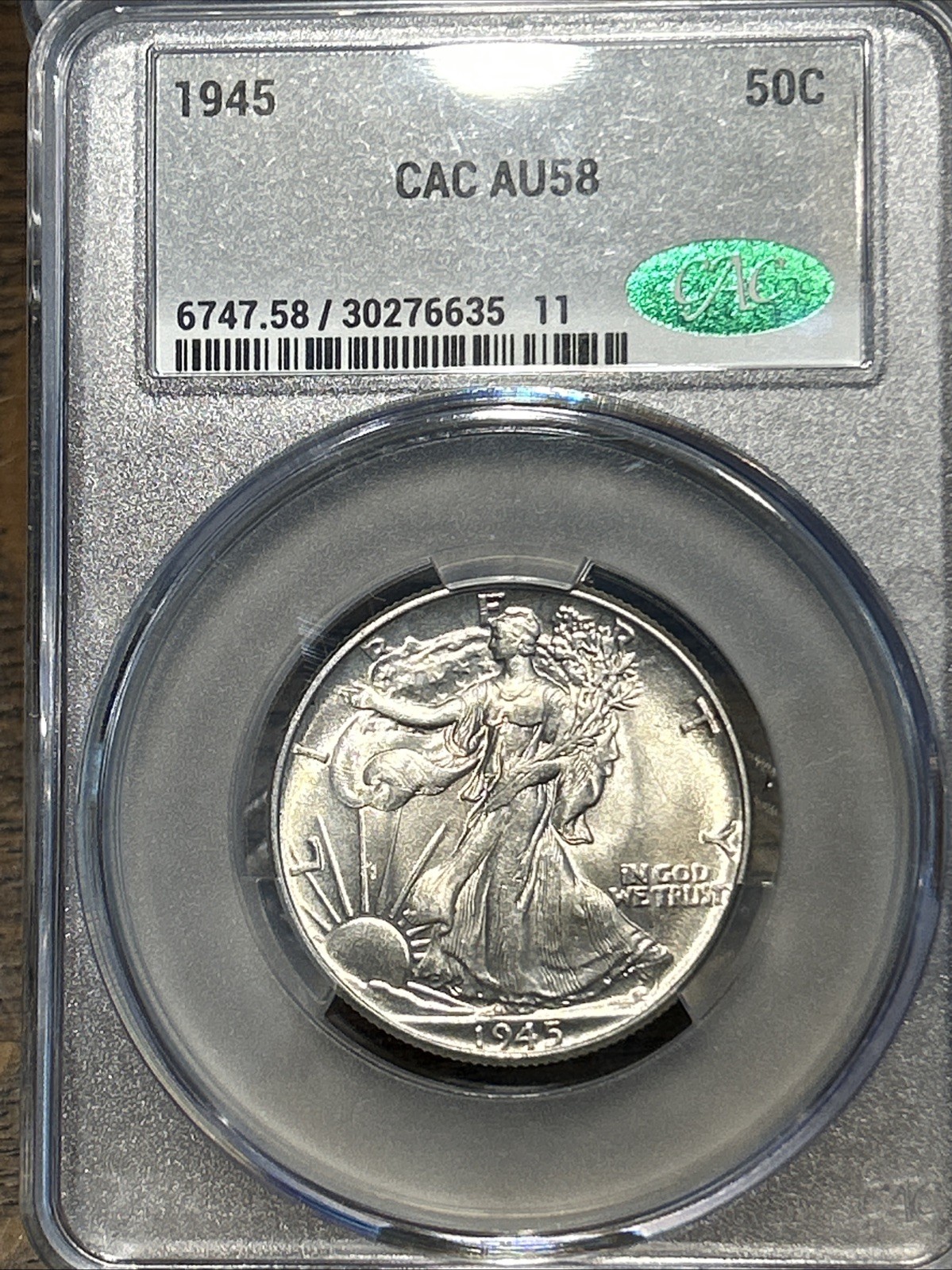 1945 50C WALKING LIBERTY SILVER HALF DOLLAR CACG CERTIFIED AU58 PHILADELPHIA