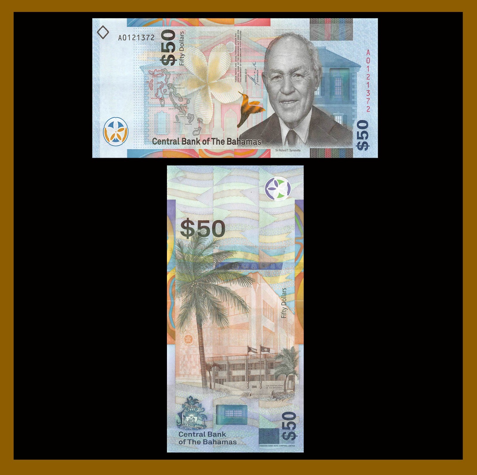 Bahamas 50 Dollars, 2019 P-New Hybrid Roland T. Symonette Frangipani Flower Unc