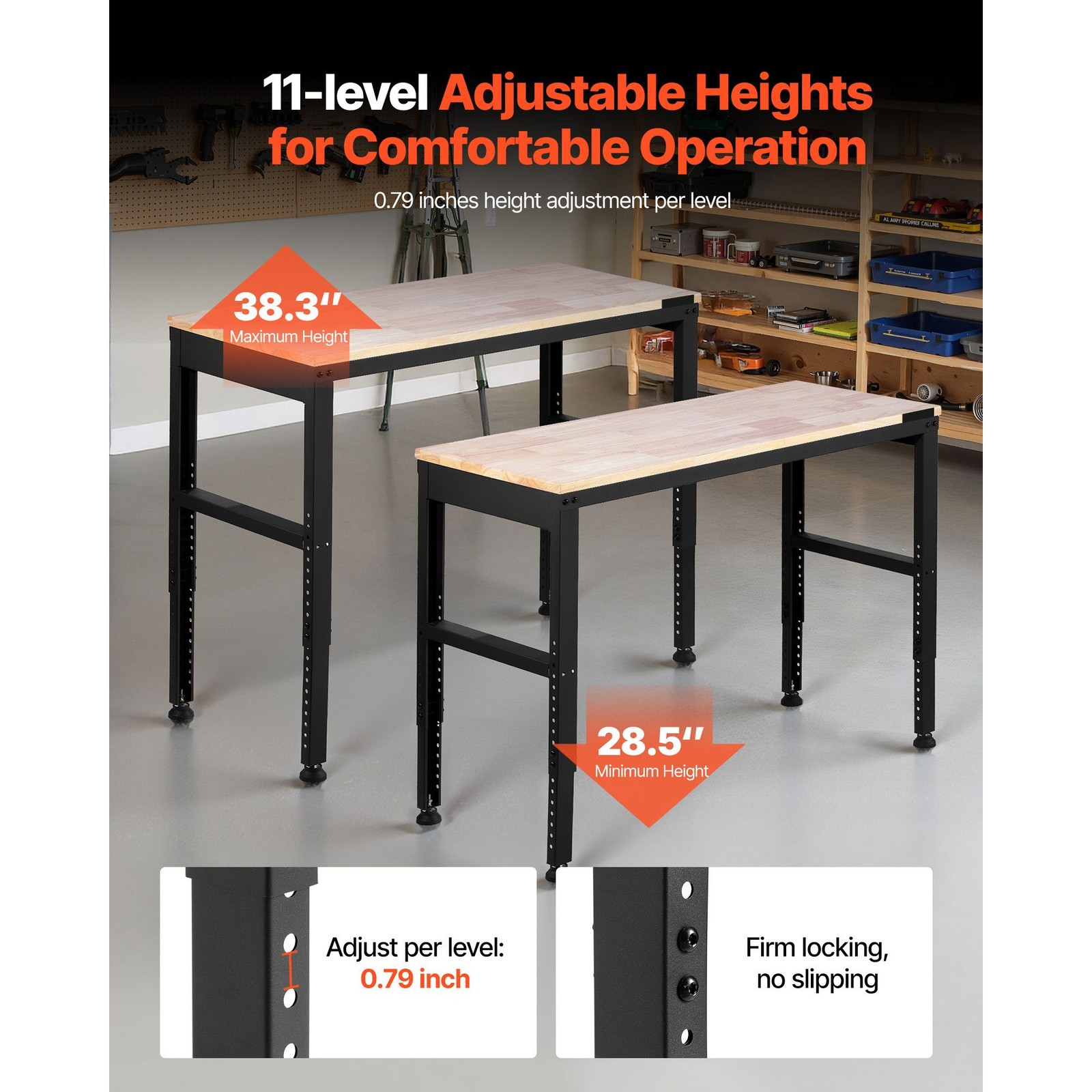 48x20in Adjustable Workbench 2000lb Cap with Power Outlets