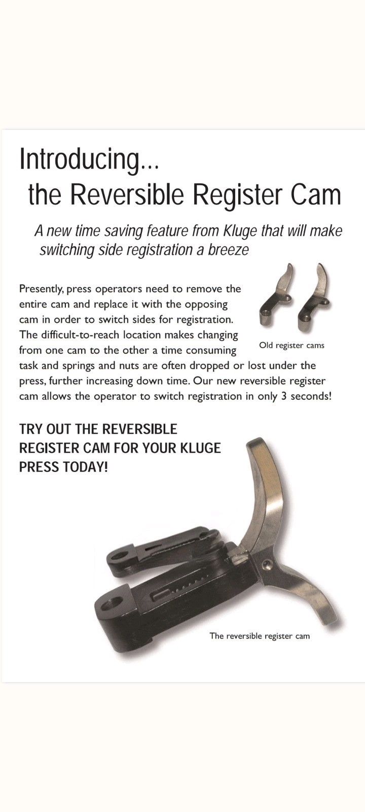 Kluge Reversible Register Cam Assembly Quick Change. New Stock. Ready to install
