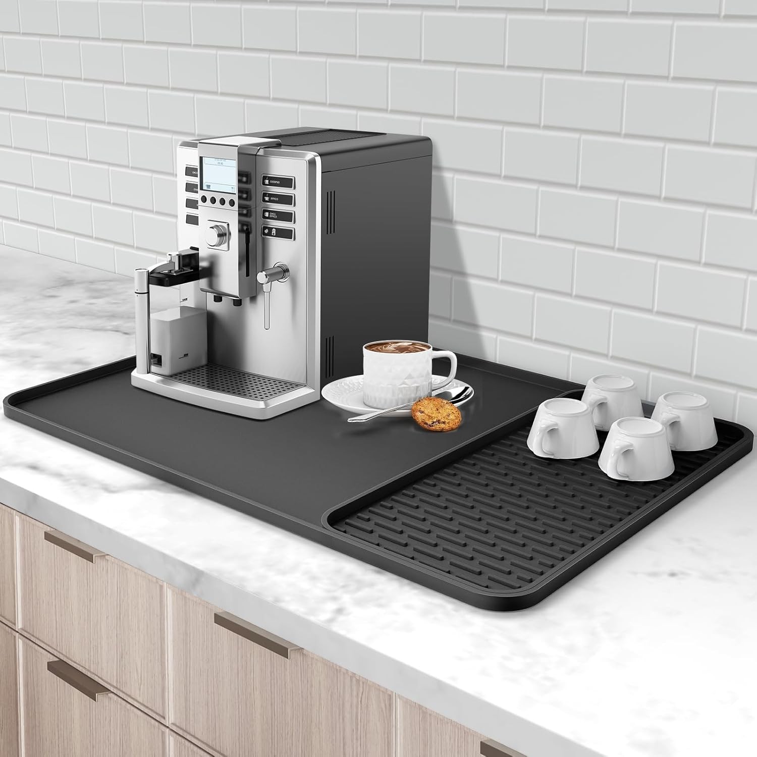Silicone Coffee Mat, 24''x16'' Bar Mat with Detachable Dish Drying Mat - Fits Un