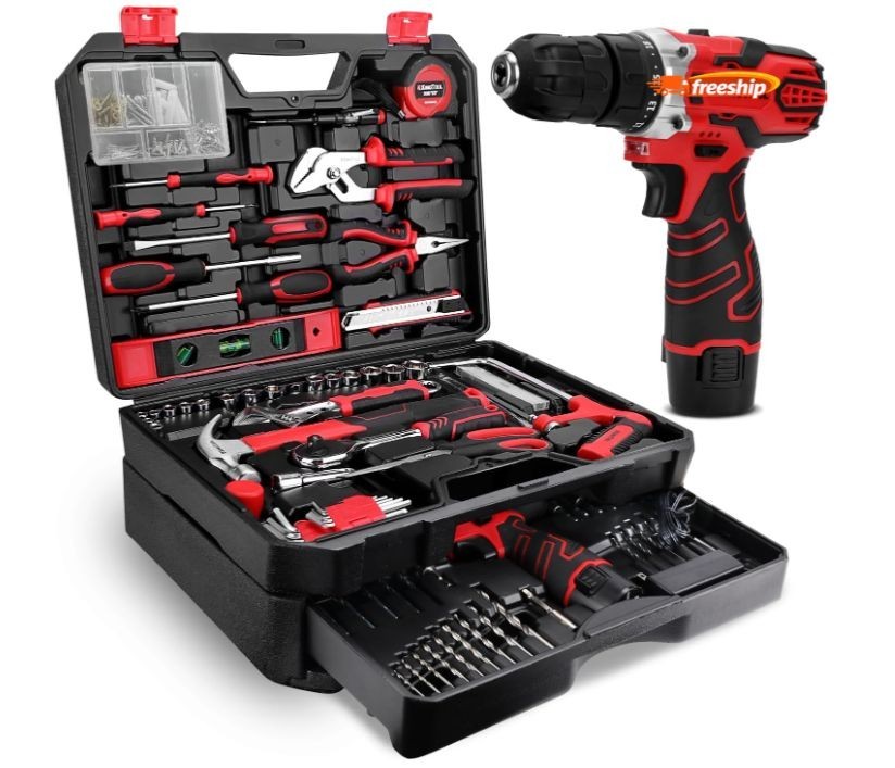 Kit herramientas 276 piezas con taladro inalámbrico 12V y caja organizadora