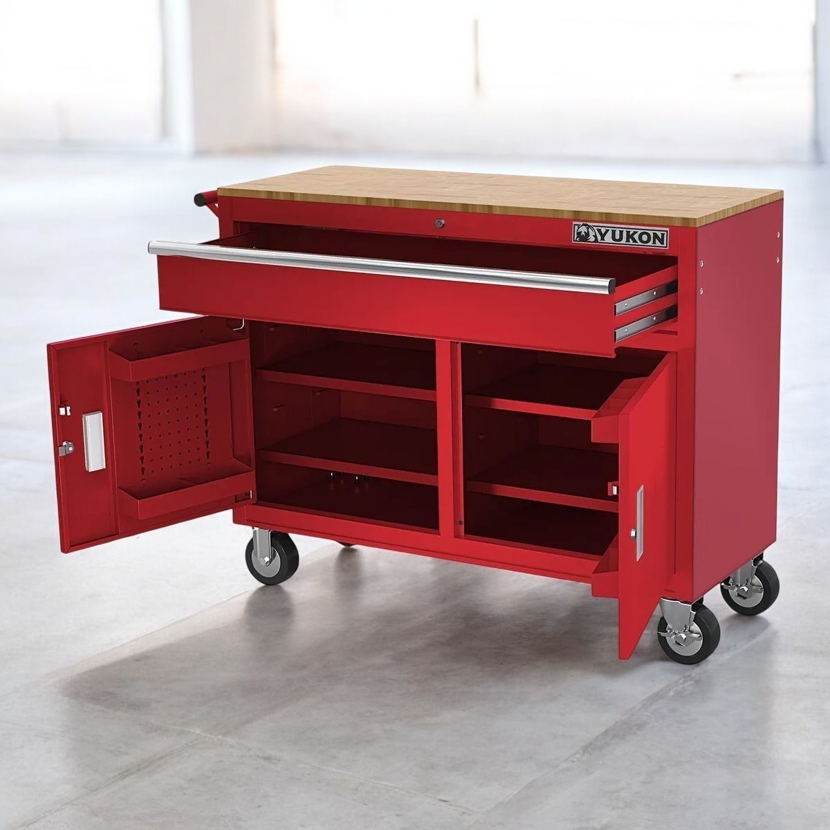 46" Mobile Workbench Rolling Tool Chest Storage Cabinet with Solid Wood Top, Red