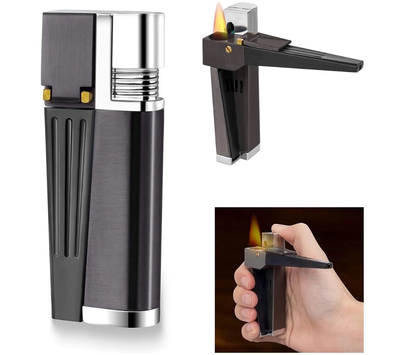 Foldable Metal Lighter Pipe Combination Portable Smoking Lighter Black 2 in 1