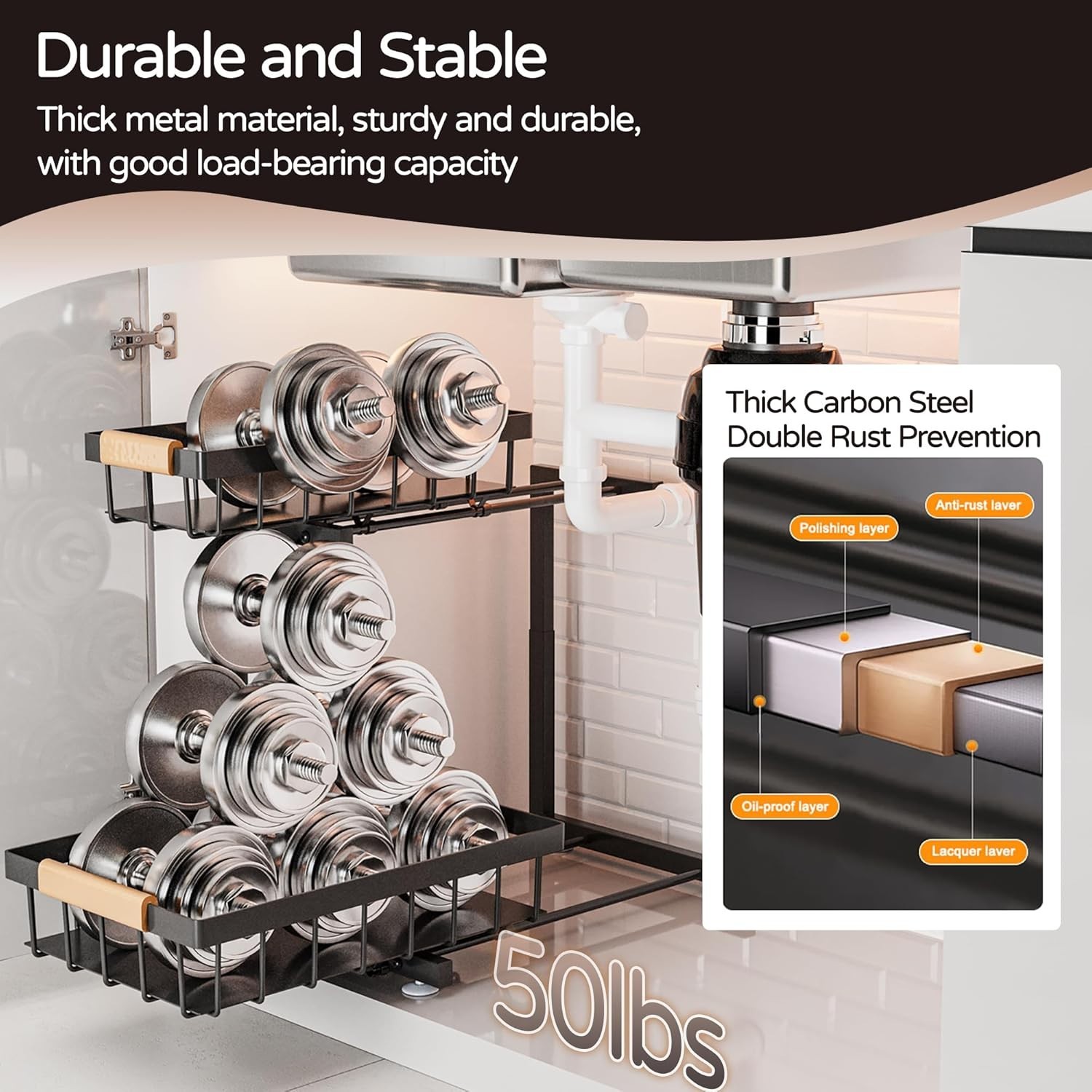 Under Sink Organizer, 2 Pack 2 Tier Expandable Height (13.2" - 17.2") Pull