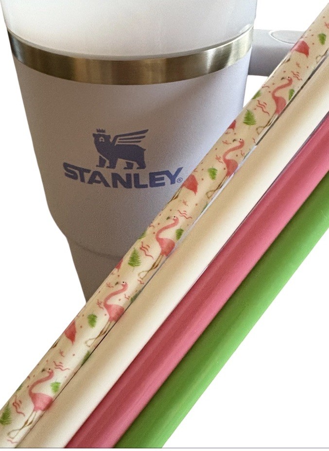 4-12” 10mm Stanley 10mm straws-PiNK Flamingo print-Pastel PiNK/Green/WHiTE Solid