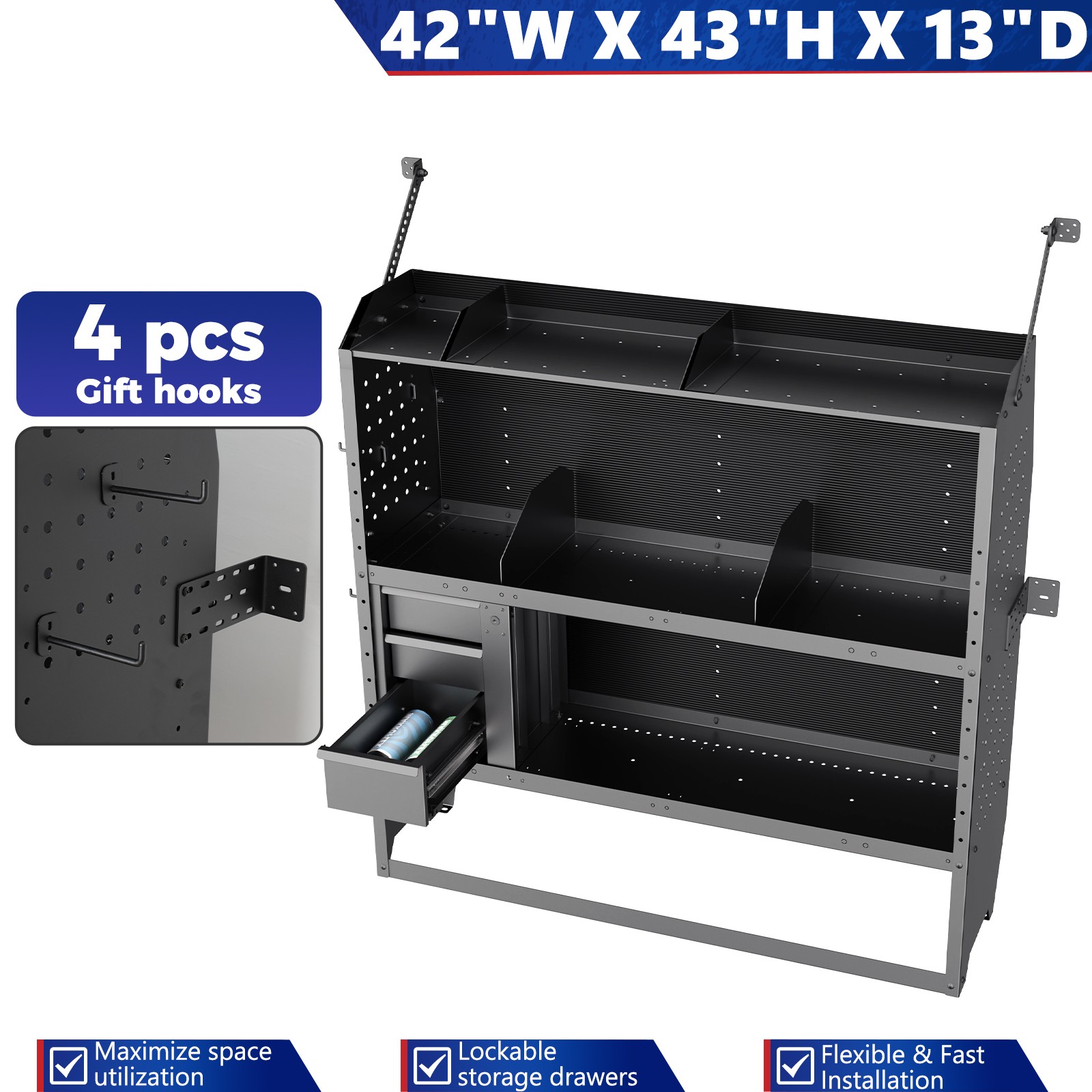 42"Wx43"Hx13"D Van Shelving w/drawer for Ford Transit Connect,Ram Promaster City