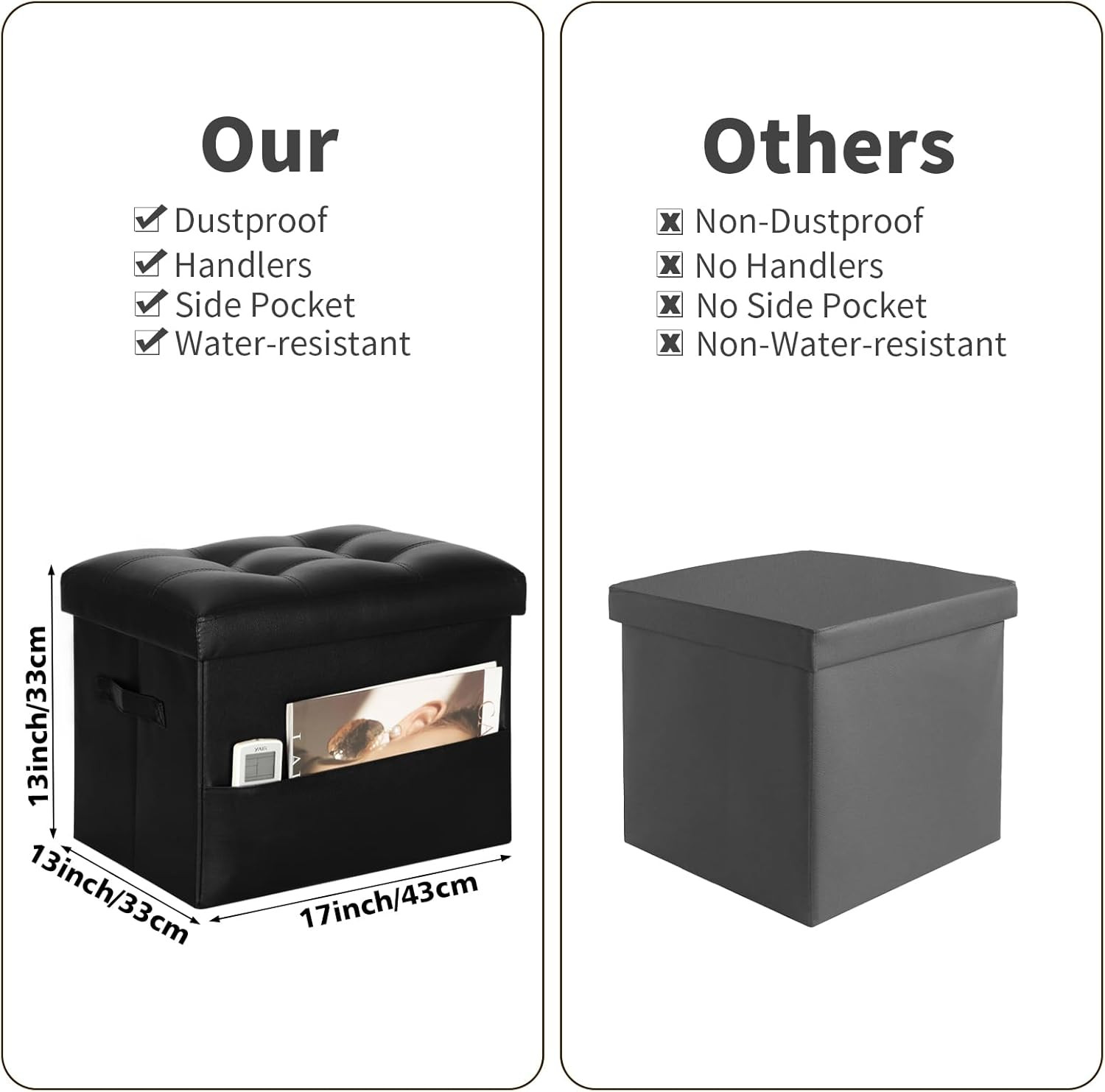 Storage Ottoman Foot Rest Stool with Thicker Foam Padded Seat. Foldable Leather