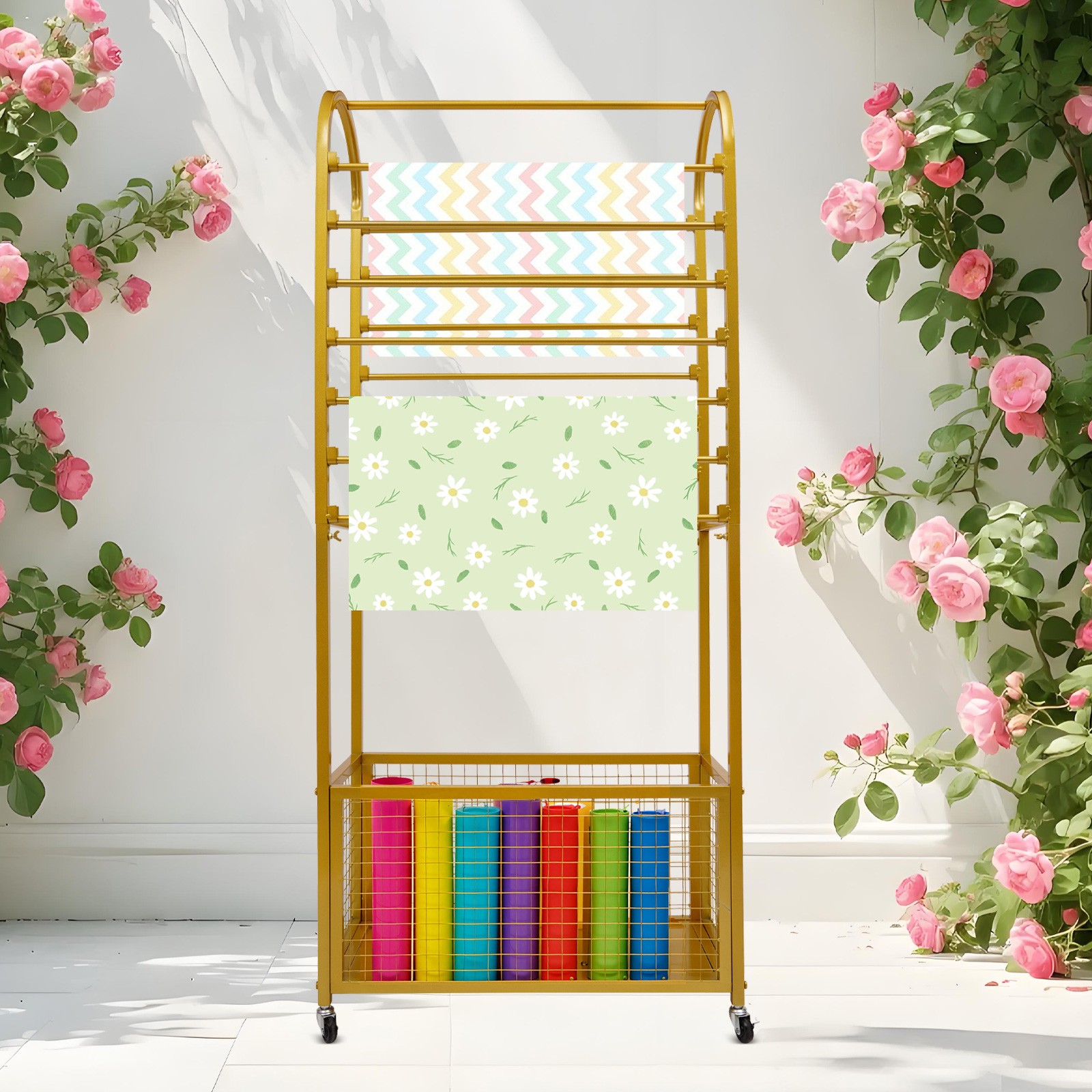 Multifunctional Flower Wrapping Paper Storage Stand Mobile Ribbon Display Rack