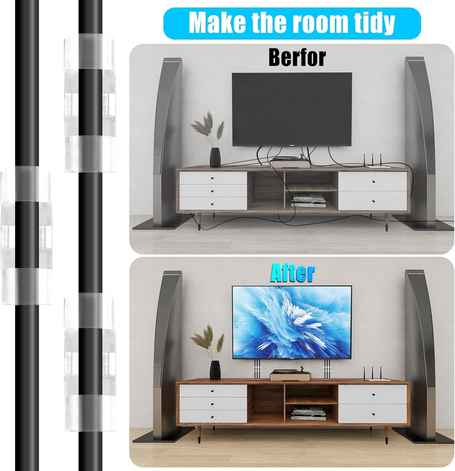 50 Medium Clear Cable Clips - Durable Self-Adhesive Wire Holders for Any Surface