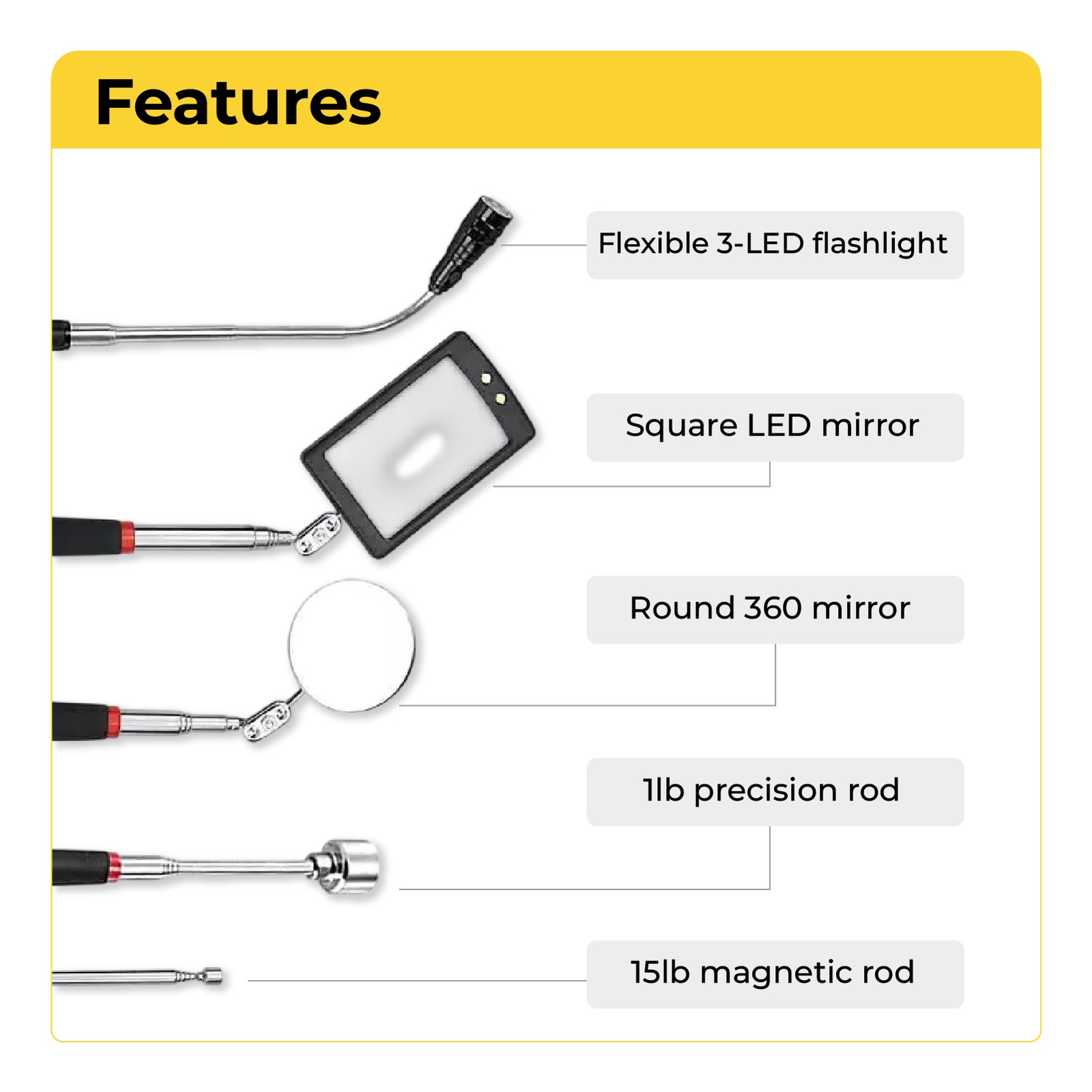 Telescoping Magnetic Pickup Tool Set 5-Piece Inspection Mirror Grabber Kit
