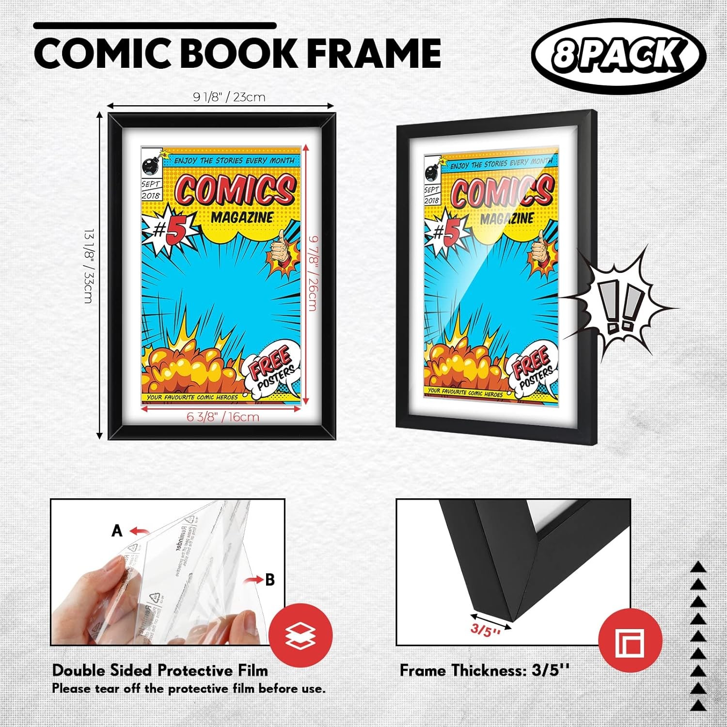 8-Pack Comic Book Frames UV Protection Wall or Tabletop Display Black White…