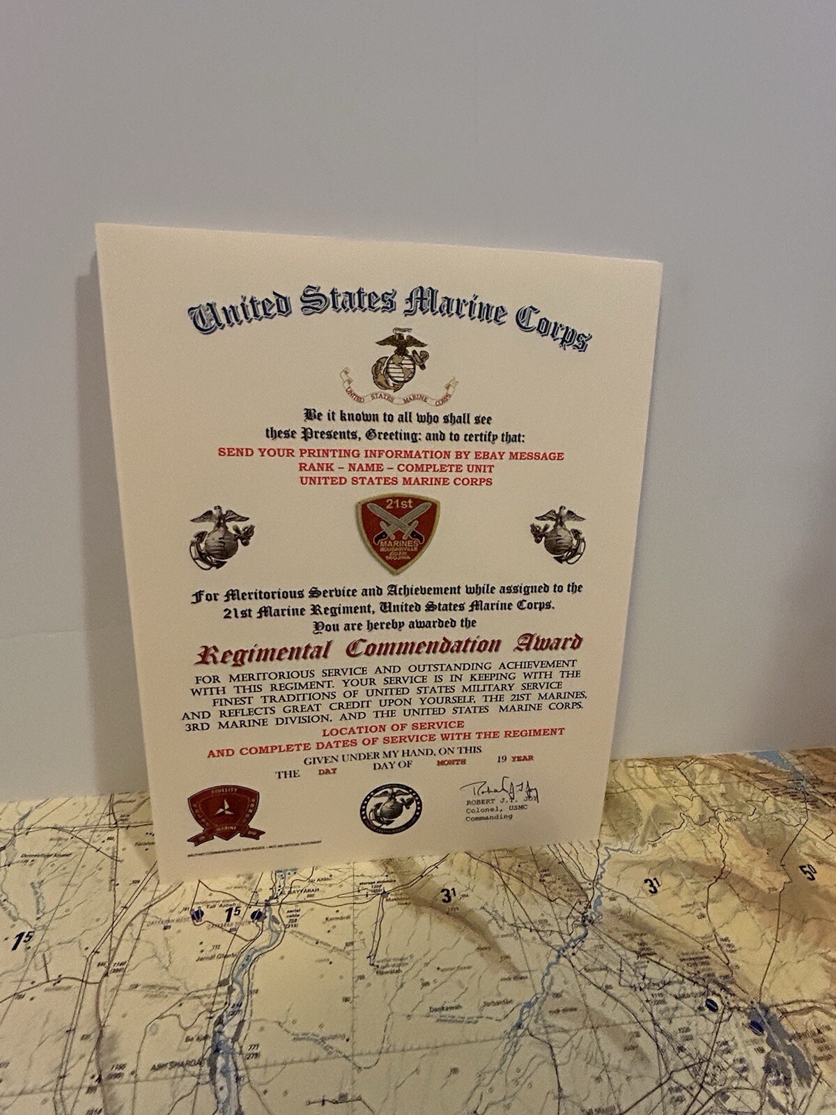 U.S.M.C. / 21ST MARINE REGIMENT - REGIMENTAL COMMENDATION AWARD CERTIFICATE