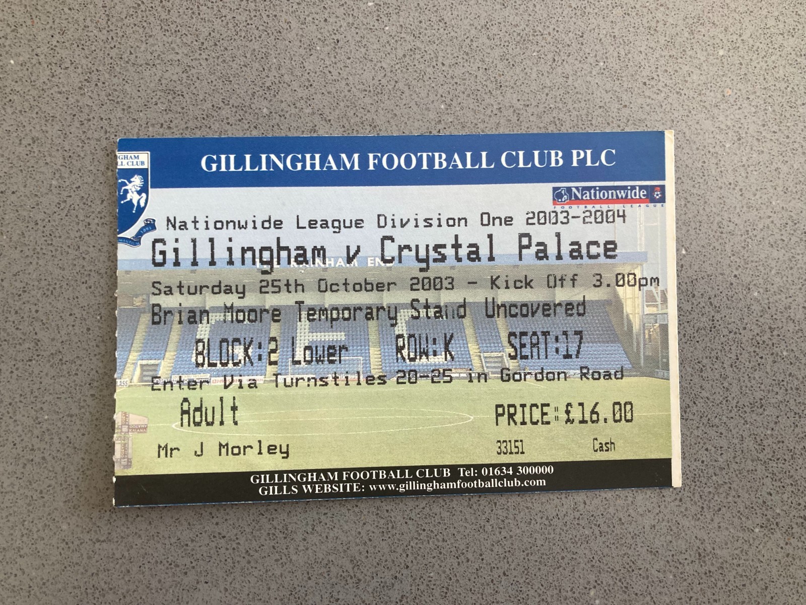 Gillingham v Crystal Palace 2003-04 Match Ticket