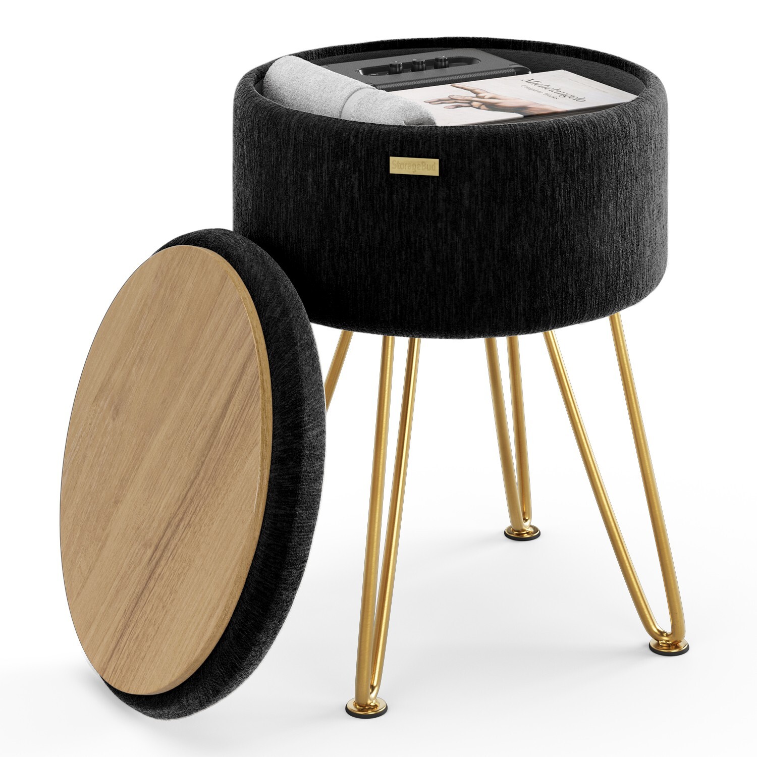 StorageBud Textured Velvet Storage Ottoman, Round Ottoman w/ Storage for Vanity