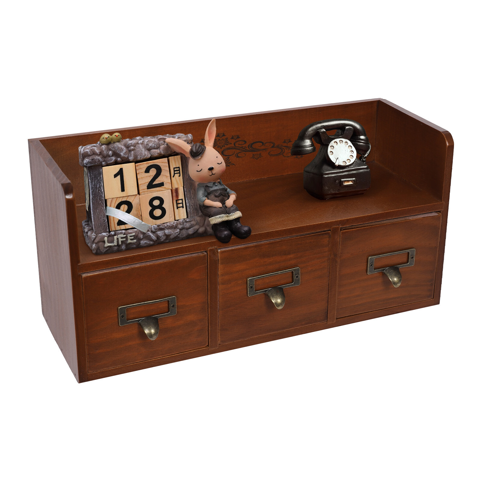 Retro 3 Drawers Wood Desktop Storage Cabinet Cosmetic Jewelry Organizing Cabinet