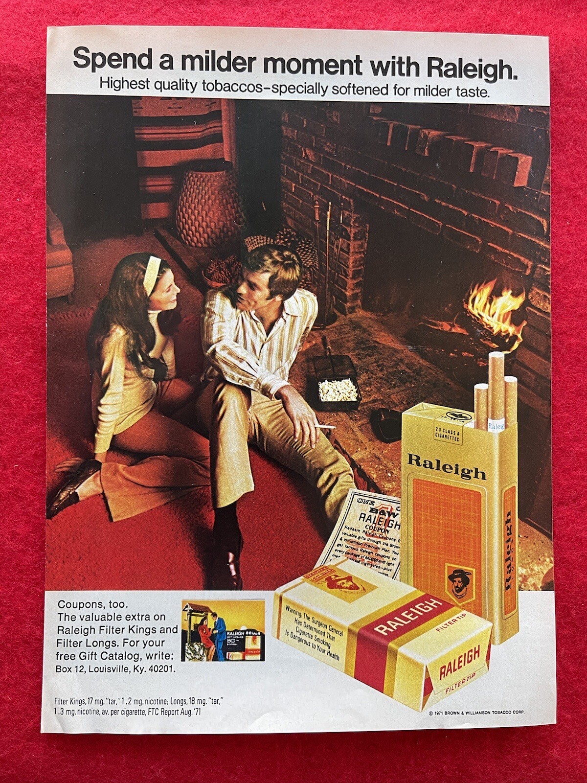 Vintage 1972 Raleigh Cigarettes Print Ad Couple Sitting By Fireplace