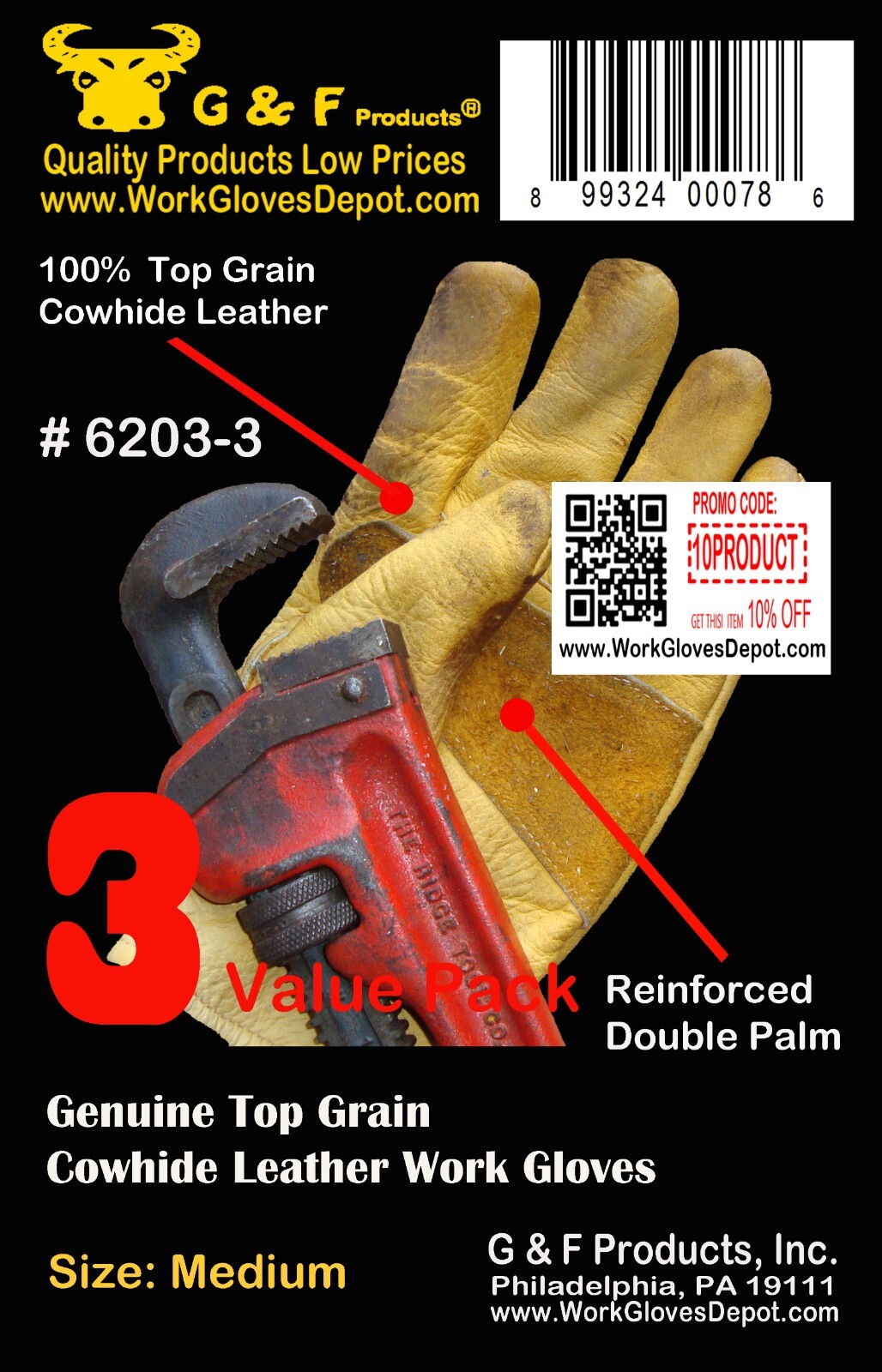G & F 6203 Premium Grain Cowhide Leather Gloves, Reinforced Patch Palm, 3 Pair