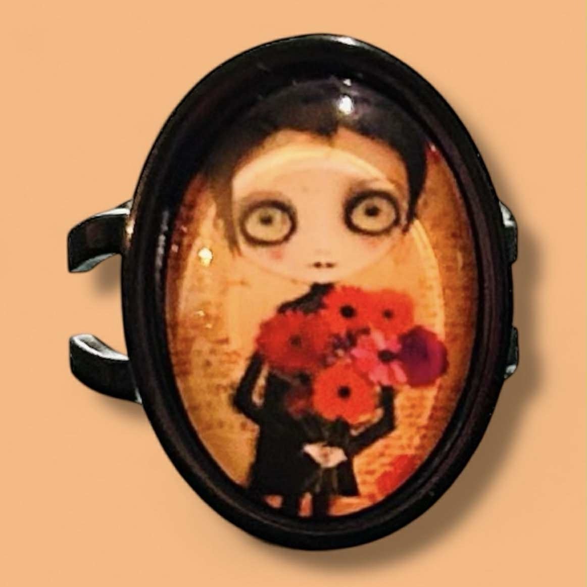 Goth Girl with Flowers Adjustable Ring, Black Stainless Steel ETC