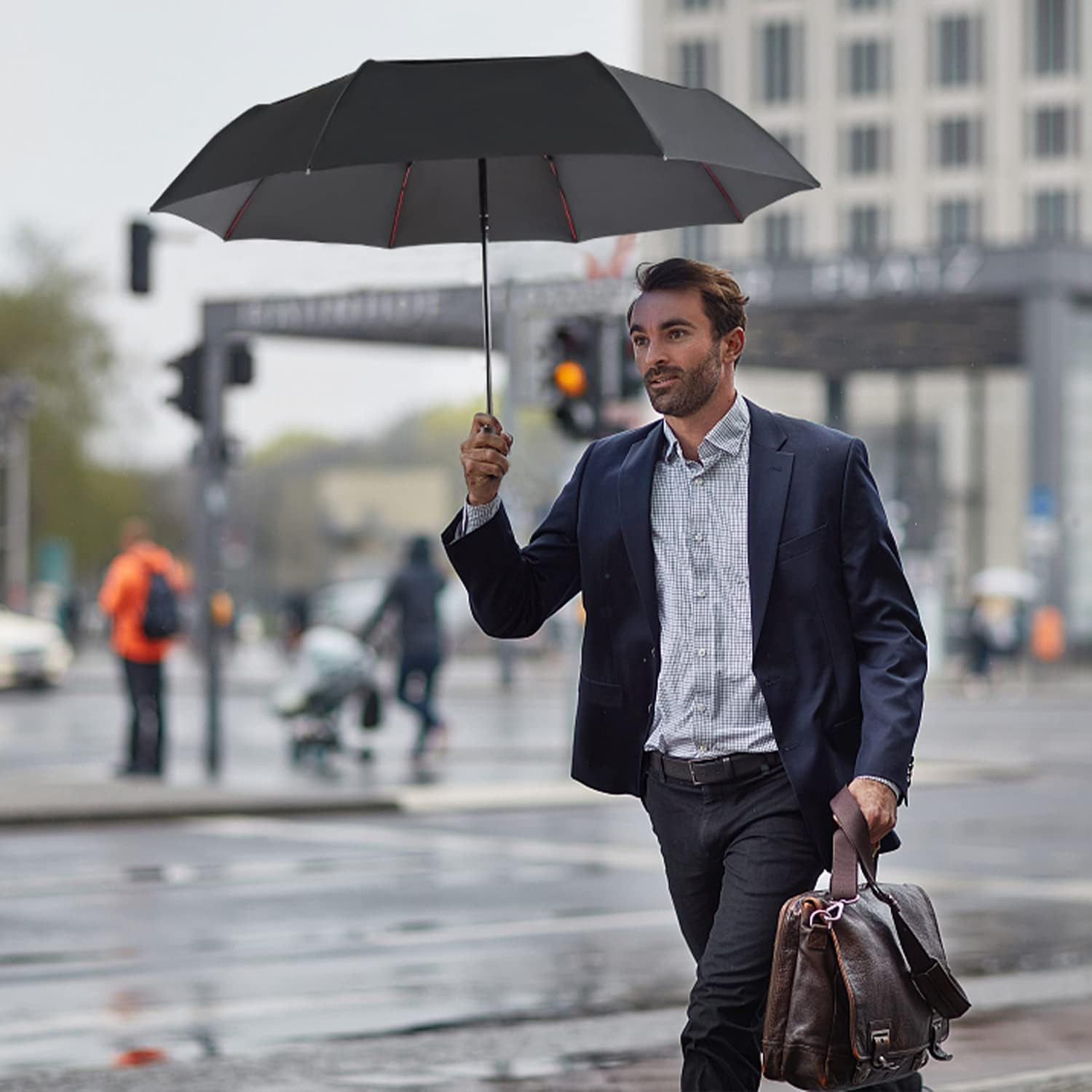 Collapsible Umbrella Compact Travel - Portable Black Double Canopy Automatic Win