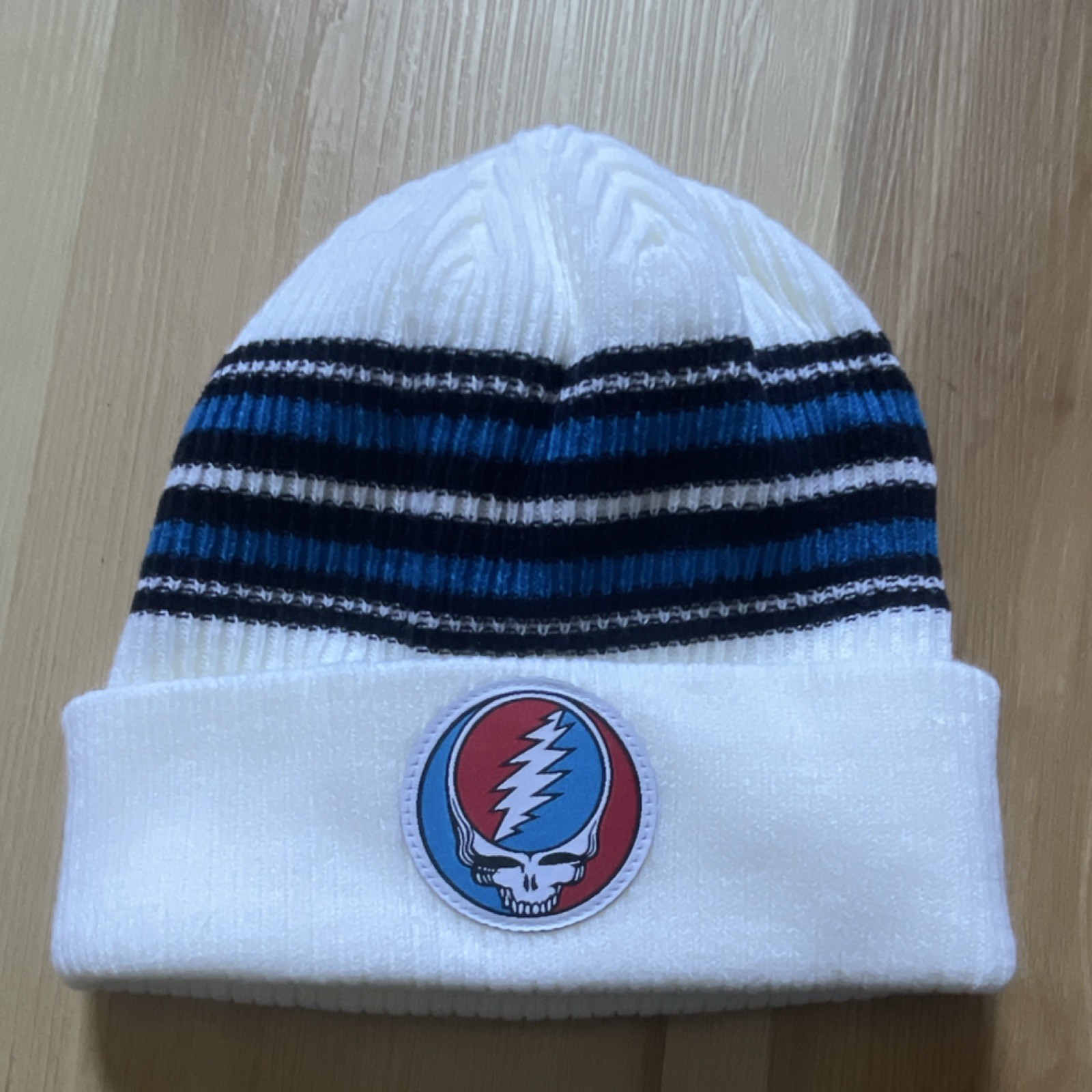Grateful Dead Ripple Junction White Striped Knit Beanie Hat Steal Your Face Logo