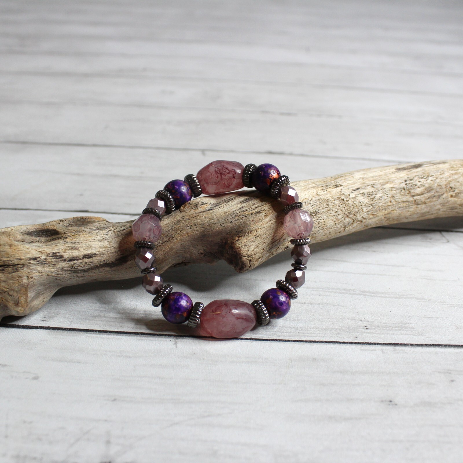 Handcrafted Women's Beaded Elastic Stretch Bracelet Artisan Jewelry Purple