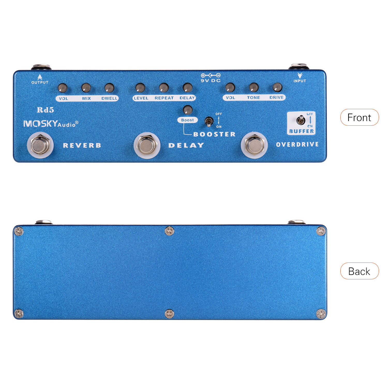MOSKY Audio 5-in-1 Guitar Multi-Effects Reverb Delay Booster Overdrive Buffer