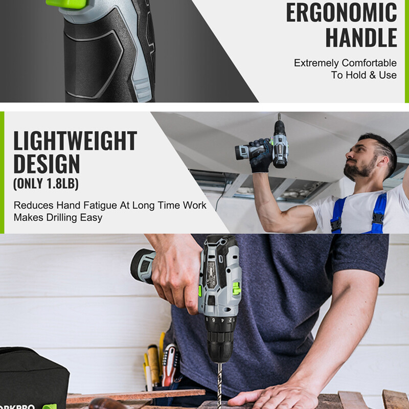 WORKPRO Cordless Drill Driver Kit 12V Electric Screwdriver Driver 3/8 Keyless