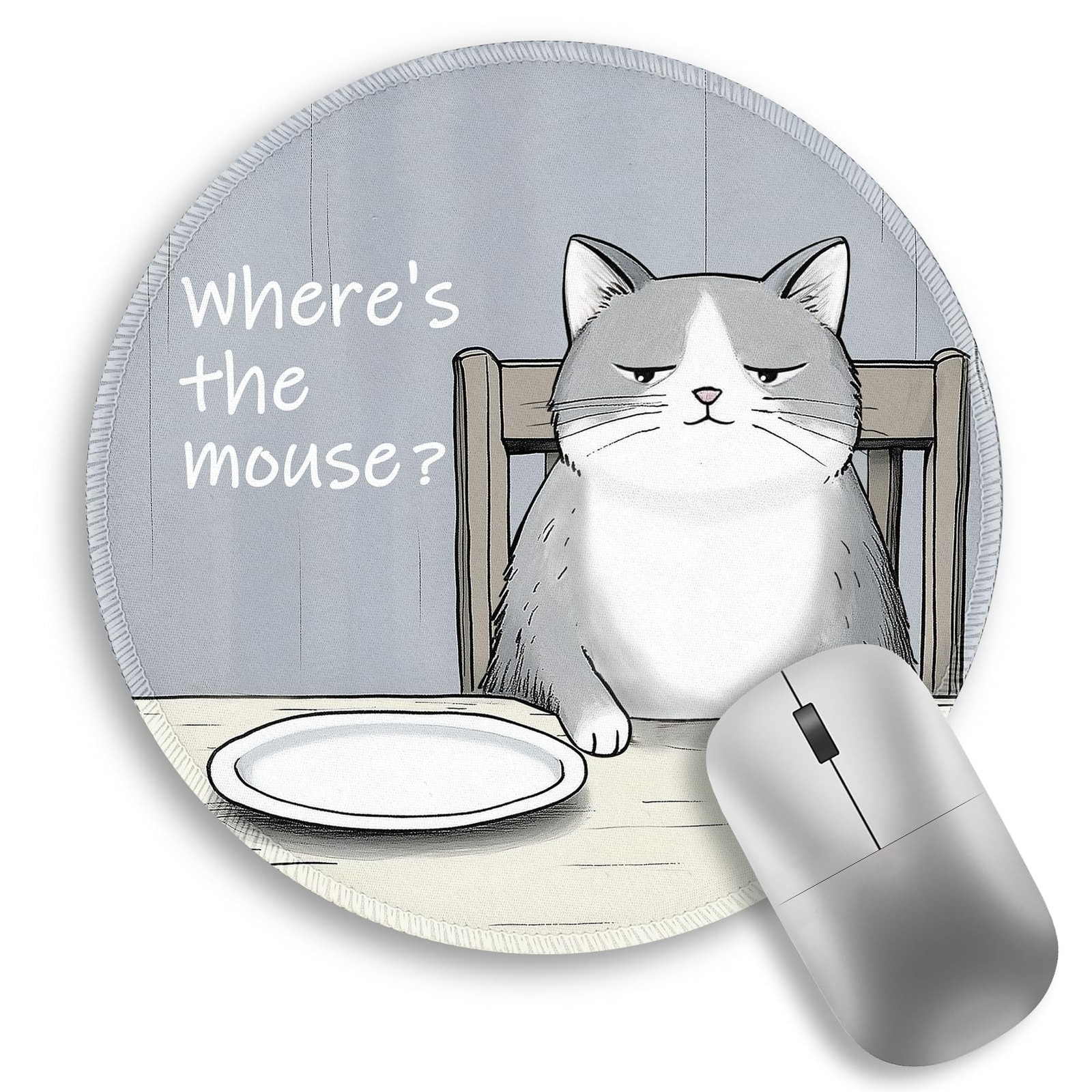 Funny Cat Mouse Pad, Grey Small Round Mouse Pads for Desk, Mini Travel Mousep...