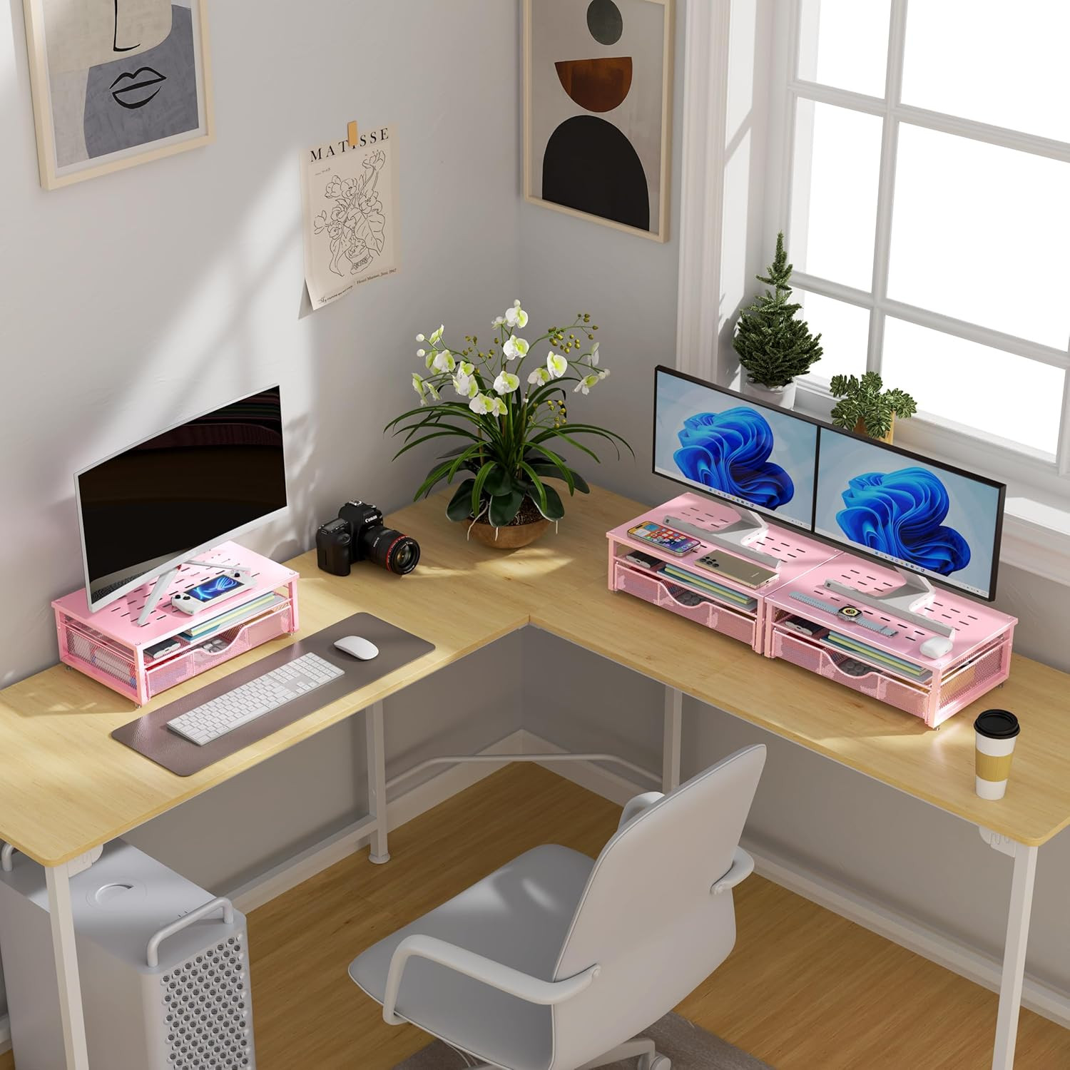 Computer Monitor Stand Riser with Drawer Office Organizer Storage Pink