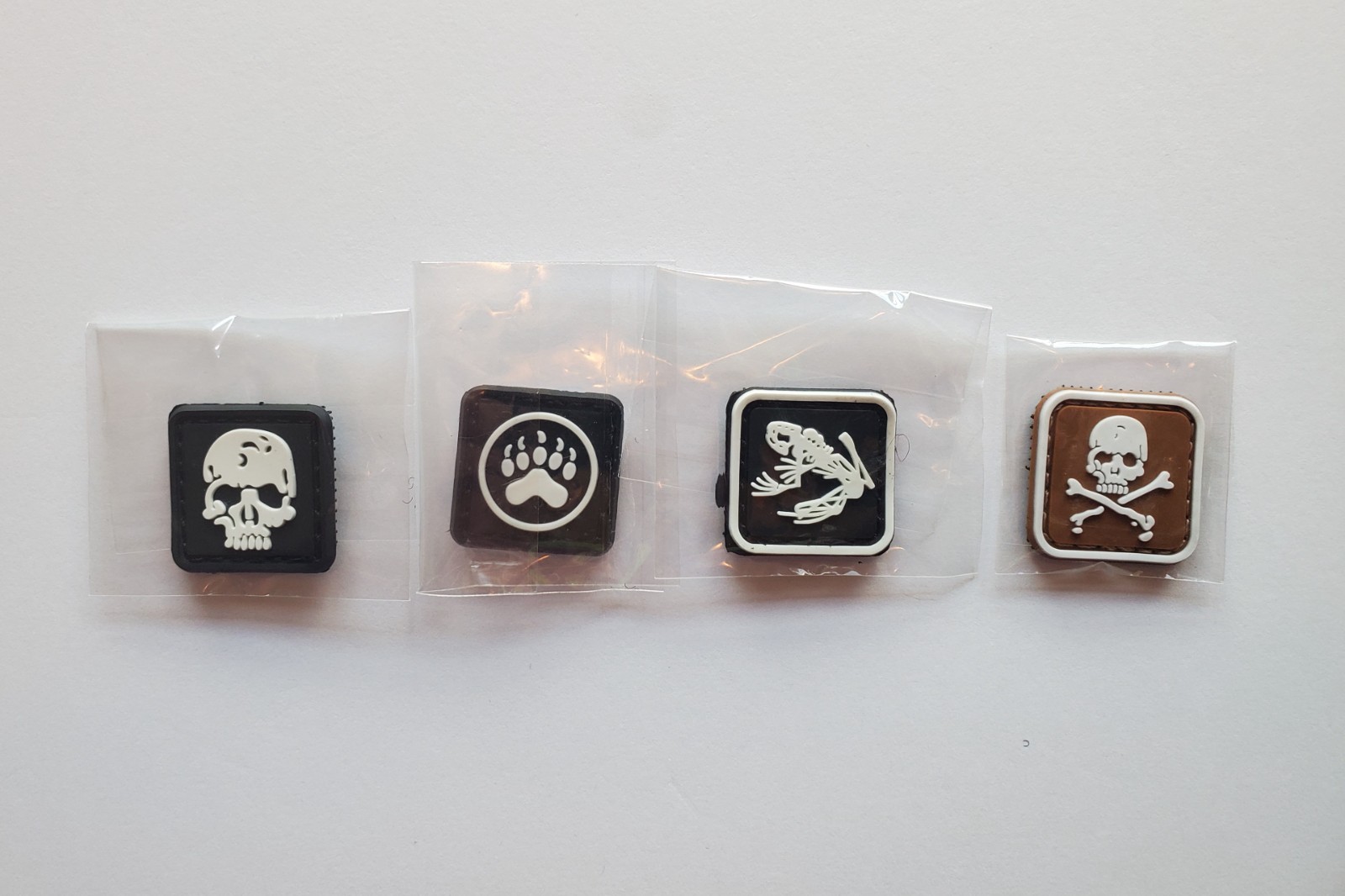 Skull Crossbones, Paw & Frog PVC Mini Morale Patch Set of 4 Hook & Loop Backing