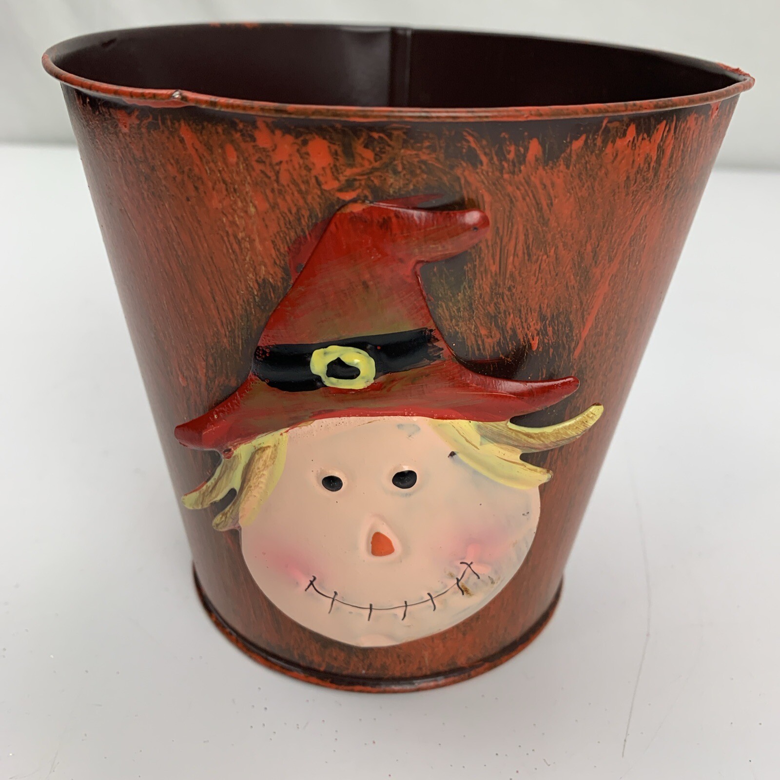 Scarecrow Halloween Tin Planter 5" Bucket