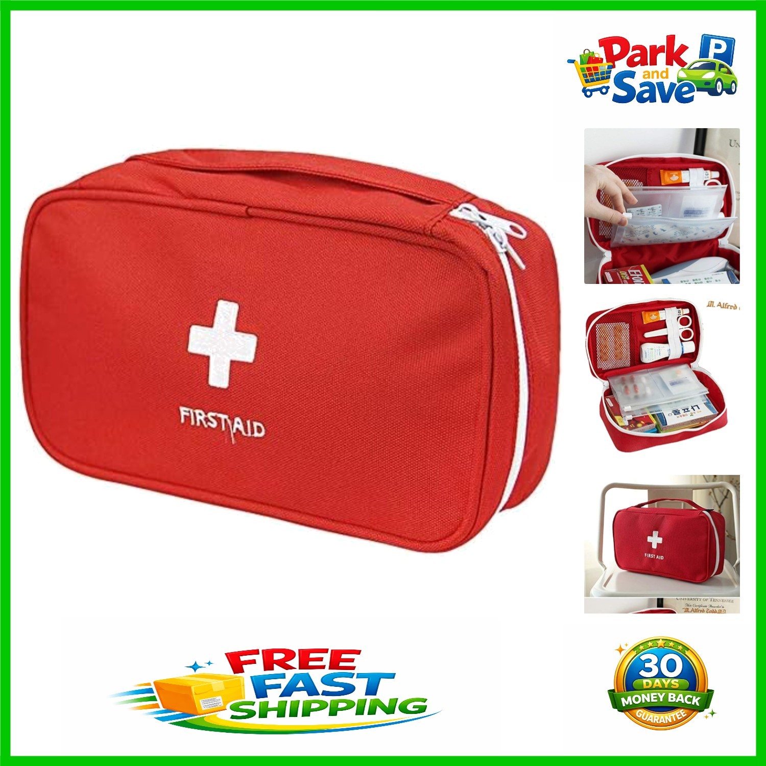 Durable Red First Aid Bag - Multi-Compartment Medical Kit for Home and Hiking