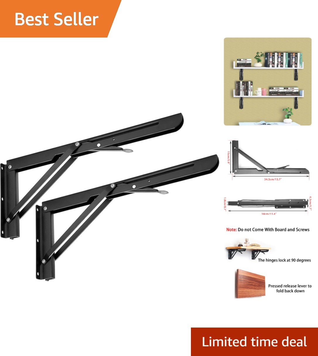 Robust 2pcs 14 Inch Folding Shelf Brackets - Ideal for Kitchens & Living Rooms