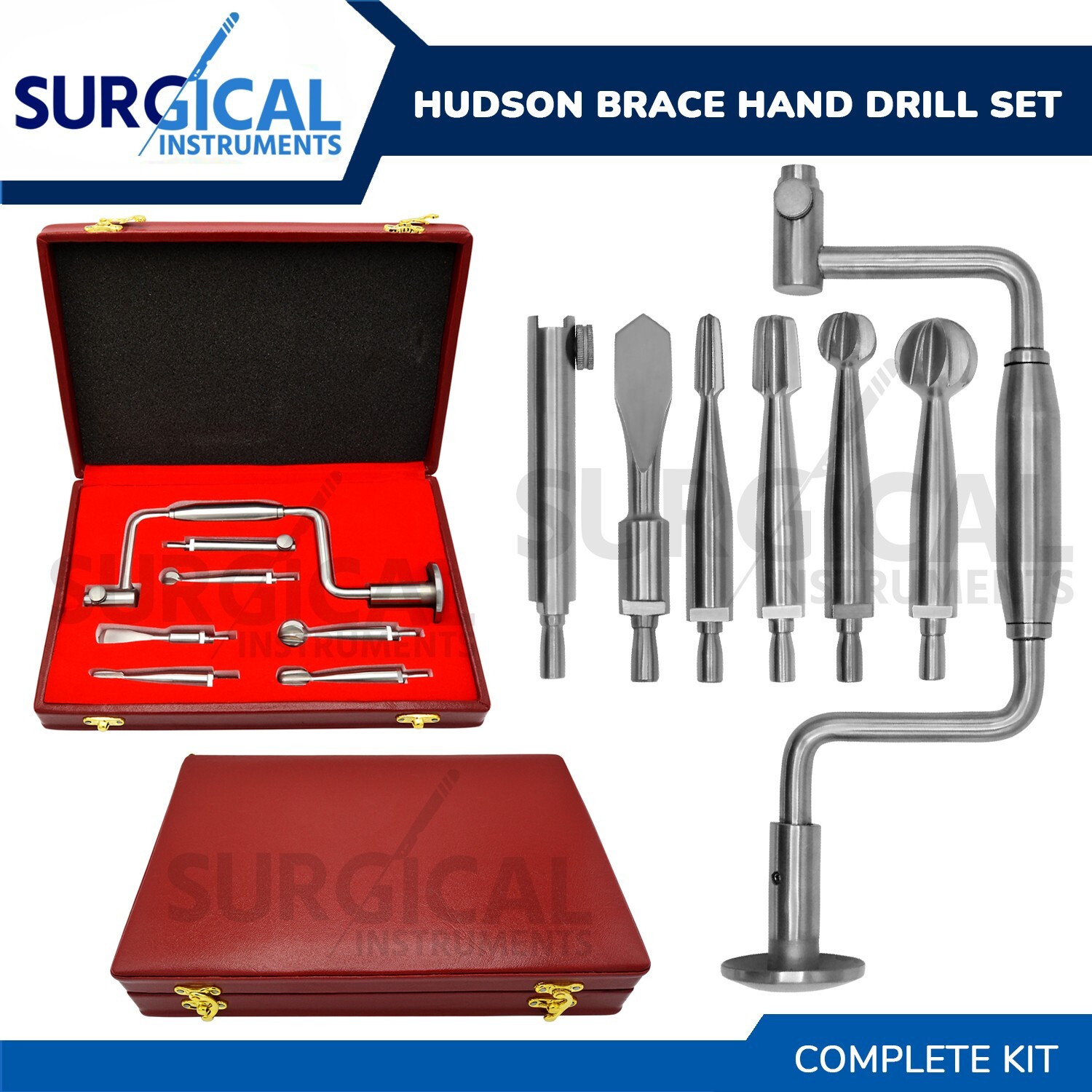 7 Pcs Hudson Hand Drill Brace Set With FREE Case Orthopedic Instrument German Gr