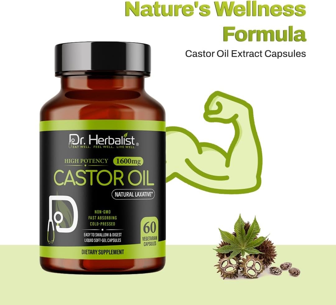 Castor Oil Capsules - 1600Mg per Serving, 60 Count - Non-Gmo, Fast-Absorbing, Ve