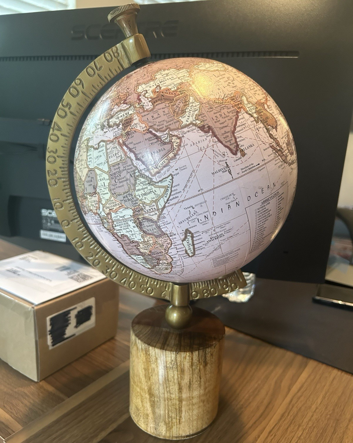 World Globe Desk Decor 15" Tall 7.5" Pink Map Globe Wood Base Brass Tone Stand