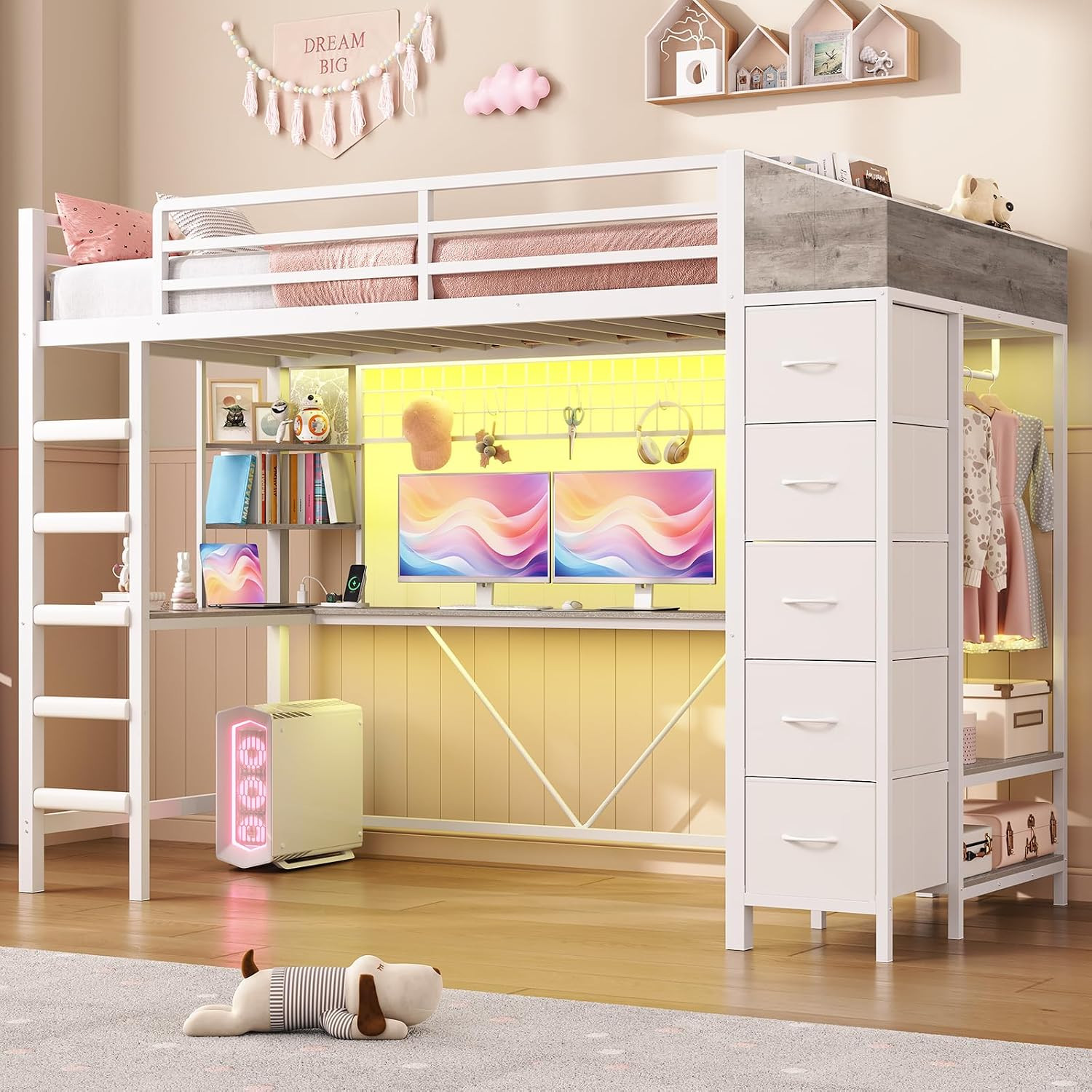 Loft Bed with L-Shaped Desk, LED Lights, Charging Station, Twin Loft Bed with 5